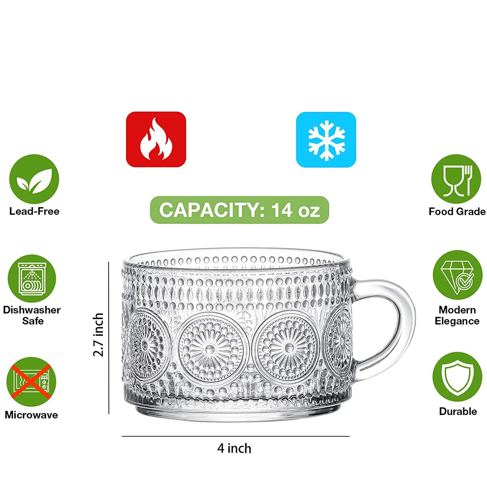Mfacoy Vintage Coffee Mugs Set of 2, 14 oz Embossed Glass Cups with Handle, Clear Cups for Cappuccino, Latte, Cereal, Yogurt, Milk, Hot or Cold Beverages