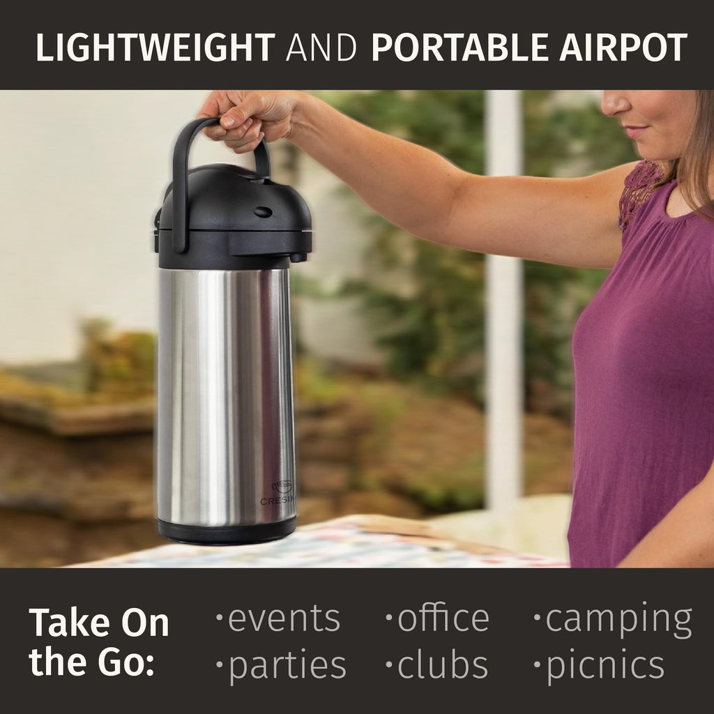 Cresimo Coffee Carafe with Pump - 102oz / 3L Airpot 12 Hours Large Hot Water Carafe, Cocoa Dispenser for Parties - Tea Flask, Insulated Stainless Steel Air Pots for Hot Beverage Dispenser -Coffee Pump