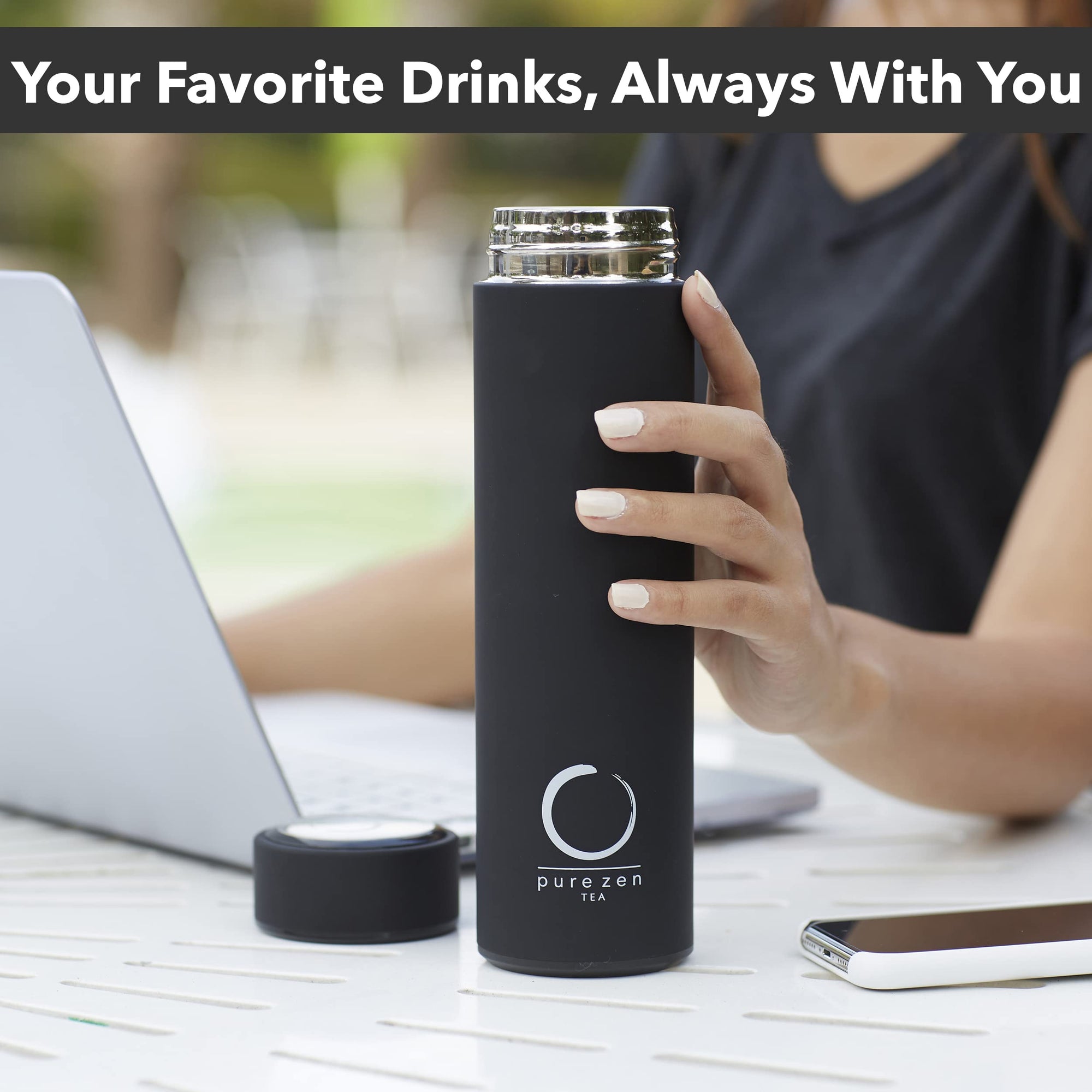 Pure Zen Tea Thermos with Infuser for Hot and Cold Infusions, Coffee and Fruit-Infused Water - Stainless Steel - Tea Infuser Bottle - Leakproof Travel Mug with Filter - 15oz - Black