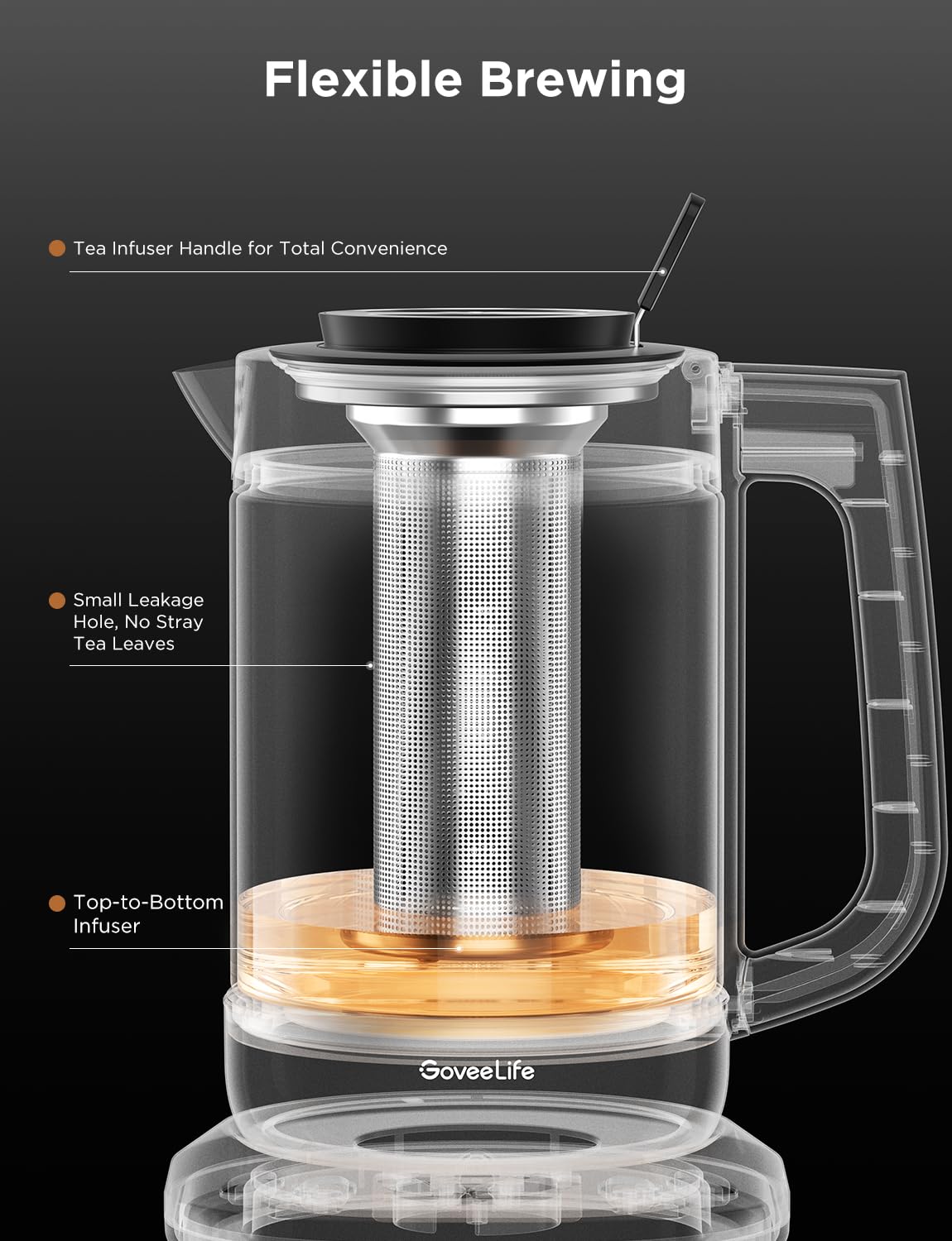 GoveeLife Smart Electric Kettle with Tea Infuser for Loose Leaf, 1.7 L Electric Tea Kettle with Brewing Program, Variable Temperature Control, 2 H Keep Warm & Auto Shut off, BPA Free, Sliver