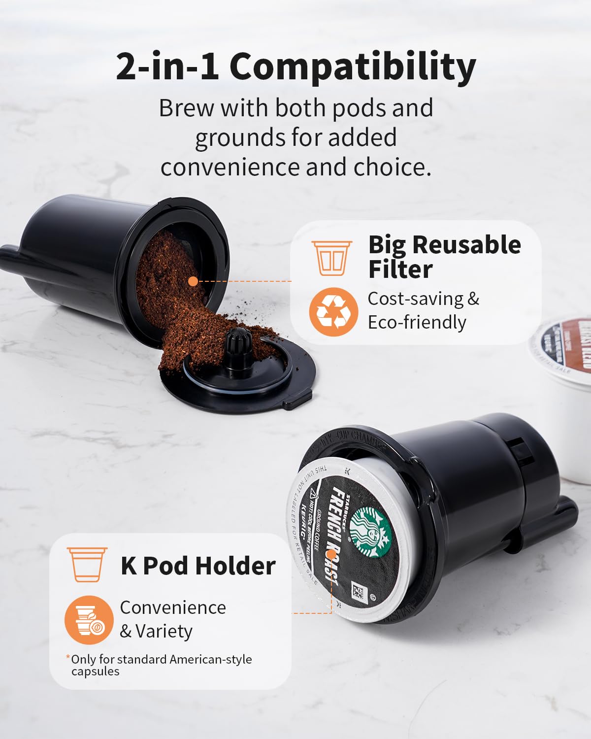 KIDISLE Hot & Iced Coffee Maker with Bold Setting, Single Serve Coffee Maker for K Cup and Grounds, 6-14 Oz Brew Sizes, 50 Oz Removable Water Tank, One Cup Coffee Machine with Reusable Filter, White
