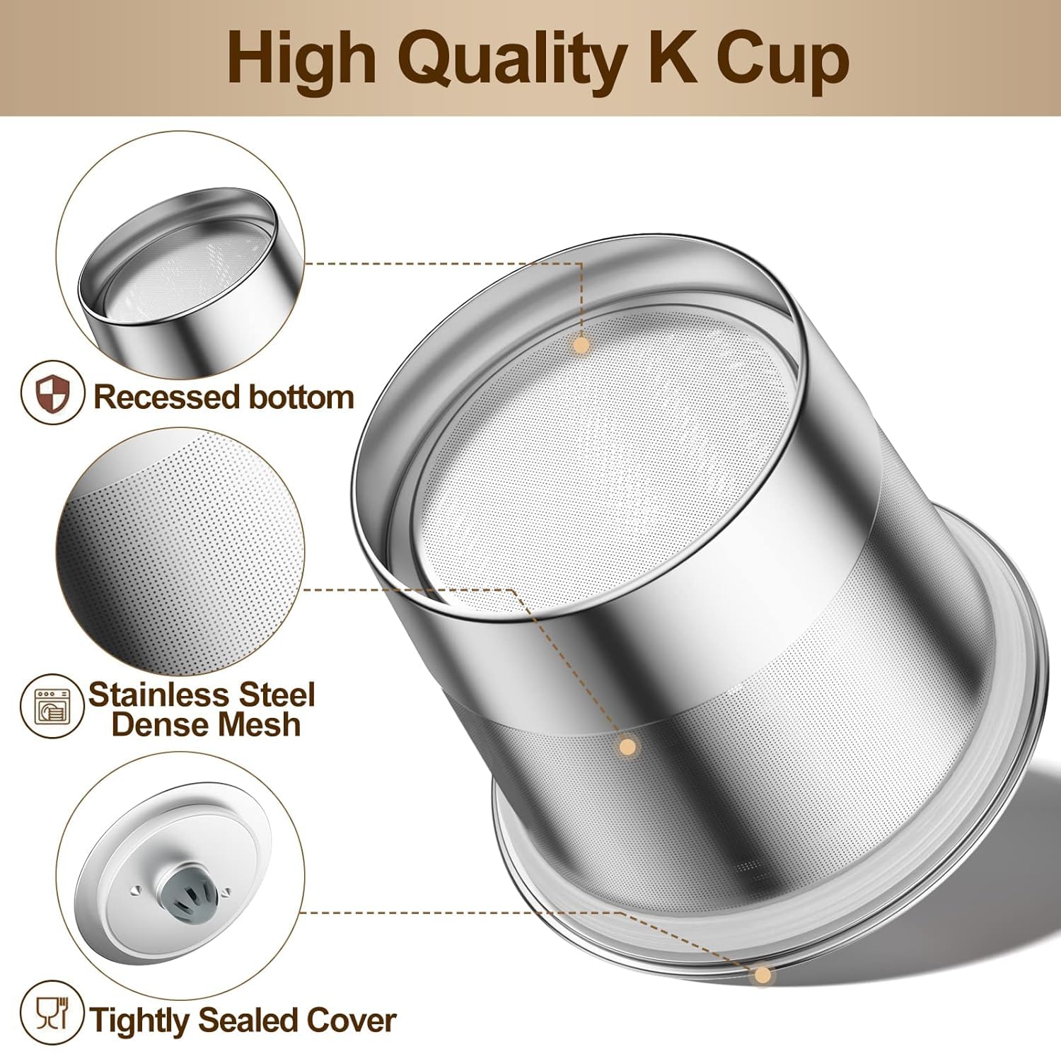 RETHONE Reusable K Cups for Keurig:Refillable K Cups Coffee Pods for Keurig 1.0 & 2.0 Coffee Machine,Stainless Steel Coffee Filters-SUS 304‌, Easy to Clean,Lid-Body Tight Seal