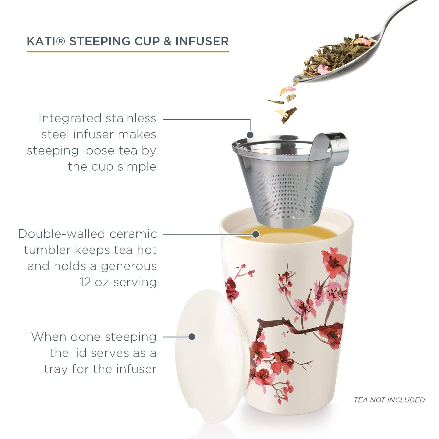 Tea Forté KATI Single Cup Loose Leaf Tea Brewing System, Insulated Ceramic Cup with Improved Tea Infuser and Lid, Cherry Blossoms