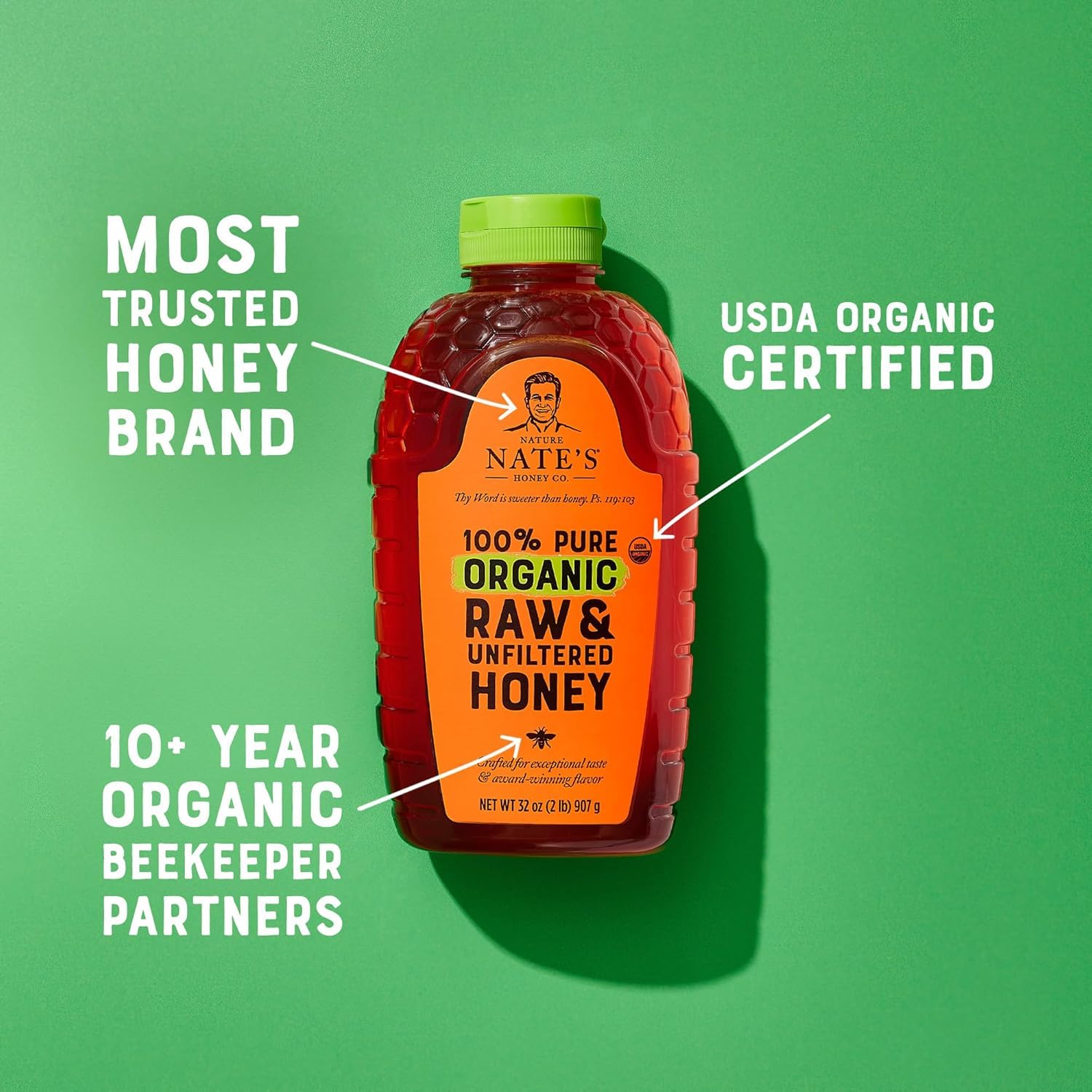 Nate's Organic 100% Pure, Raw & Unfiltered Honey - USDA Certified Organic - 16oz. Squeeze Bottle