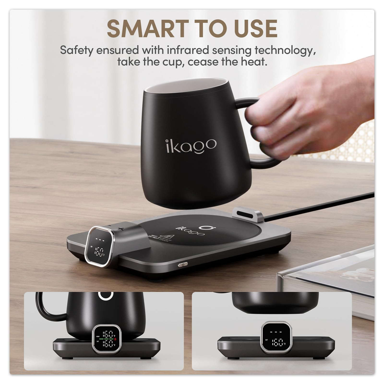 iKago Coffee Mug Warmer Set, Temperature Control Smart Heated Mug for Desk, Electric Coffee Warmer with Auto Shut Off & Real-Time Temp Display, Gifts for Men Women, 15oz, Black