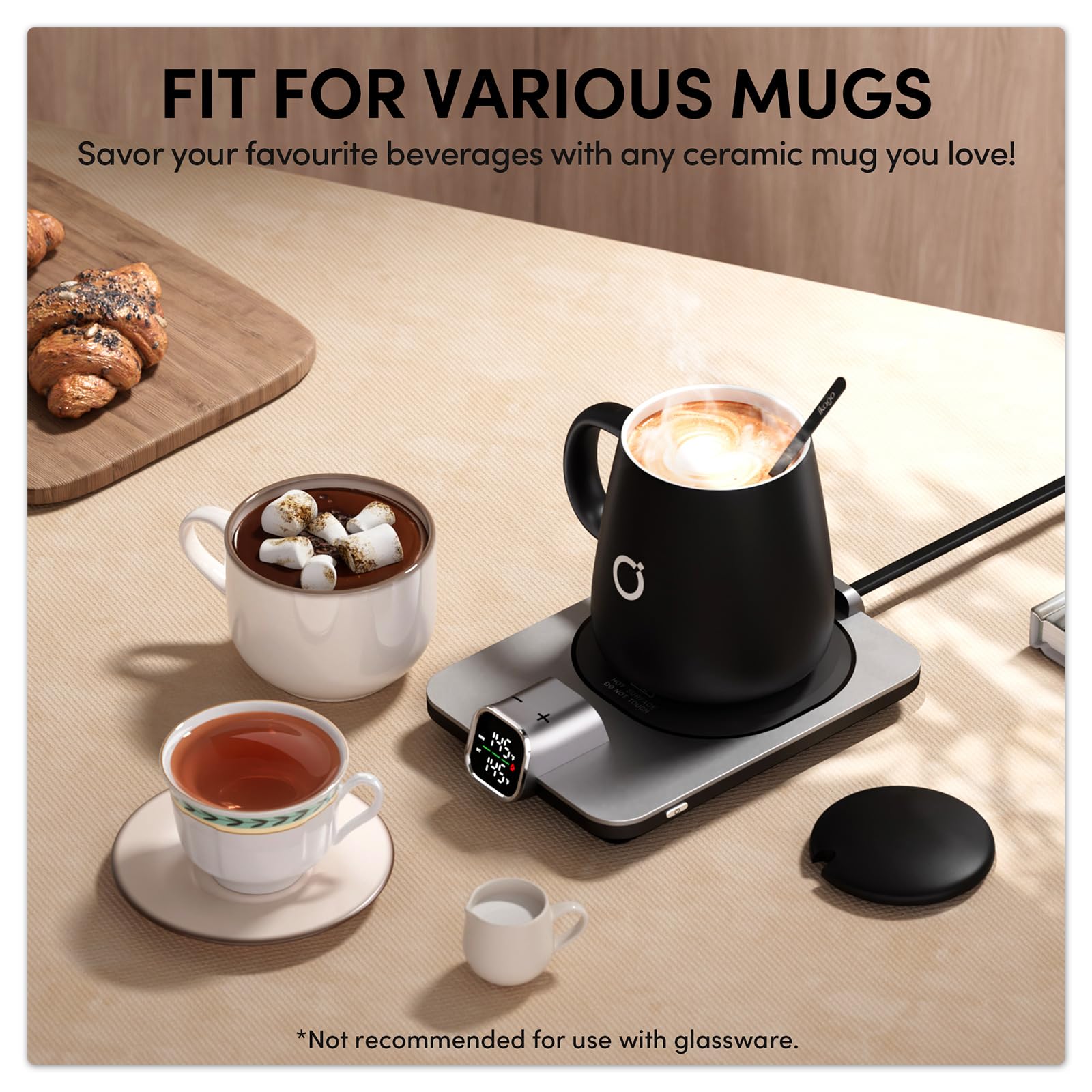 iKago Coffee Mug Warmer Set, Temperature Control Smart Heated Mug for Desk, Electric Coffee Warmer with Auto Shut Off & Real-Time Temp Display, Gifts for Men Women, 15oz, Black