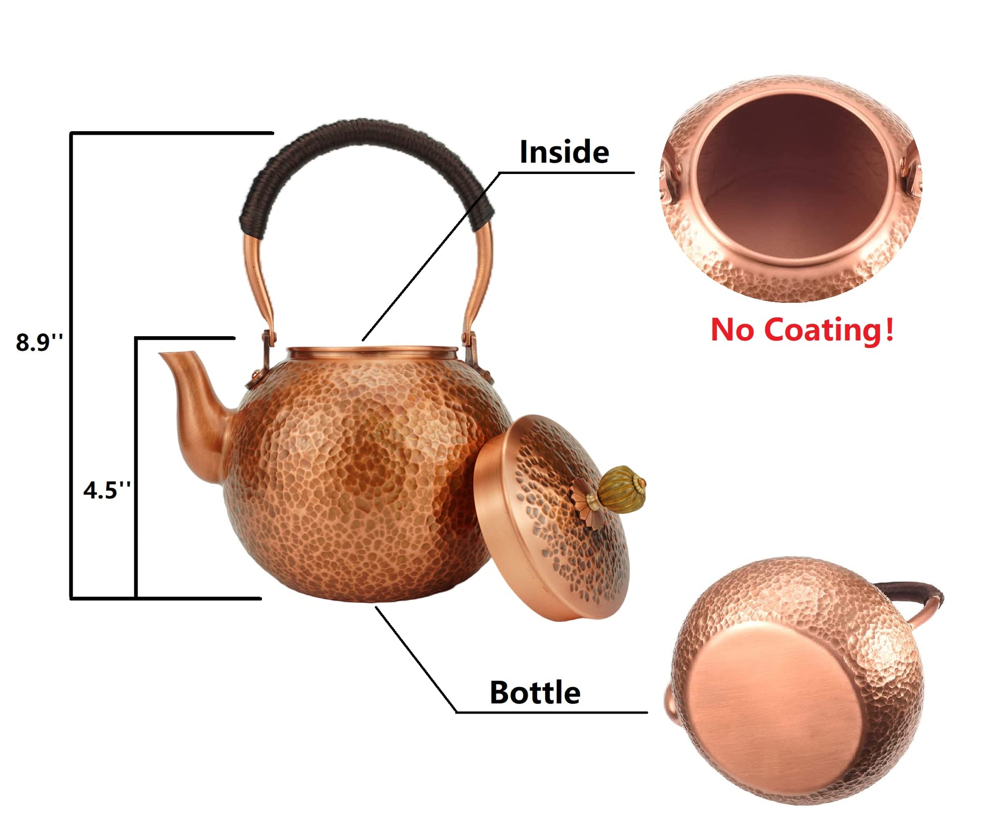 Funmaker Handmade Solid Copper Tea Pot Kettle Stovetop Teapot Thick Hammered Copper Tea Pot Kettle Stovetop Teapot Made for gasstove tops pure copper kettle (Type 3-1400ml)