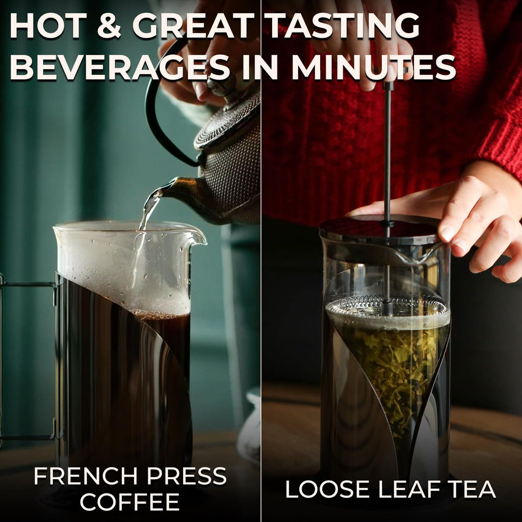 Cafe Du Chateau Stainless Steel French Press Coffee Maker - 34oz Insulated Coffee Press with 4-Level Filtration, BPA Free, Durable Glass, Great for Tea