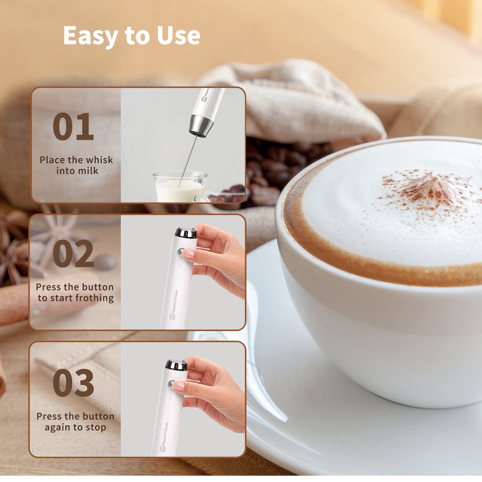 Maestri House Rechargeable Milk Frother with Stand, LunaFro Handheld Electric Foam Maker Waterproof Detachable Stainless Steel Whisk Drink Mixer Foamer for Lattes, Cappuccino