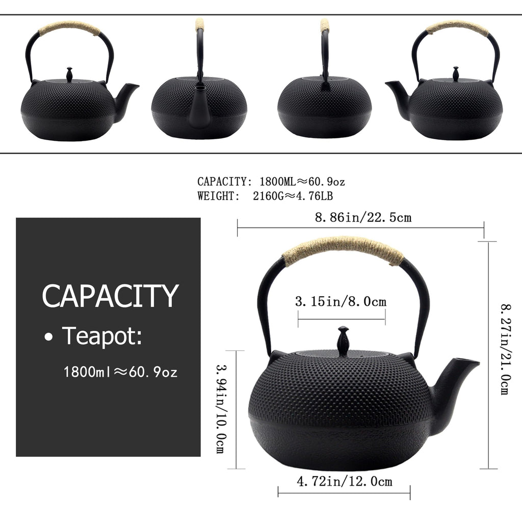 Big Cast Iron Teapot, Japanese Tetsubin Tea Kettle for Stovetop Safe, Cast Iron Tea Pot with Stainless Steel Infuser for Loose Tea and Enameled Interior(1800ml/60.9oz)