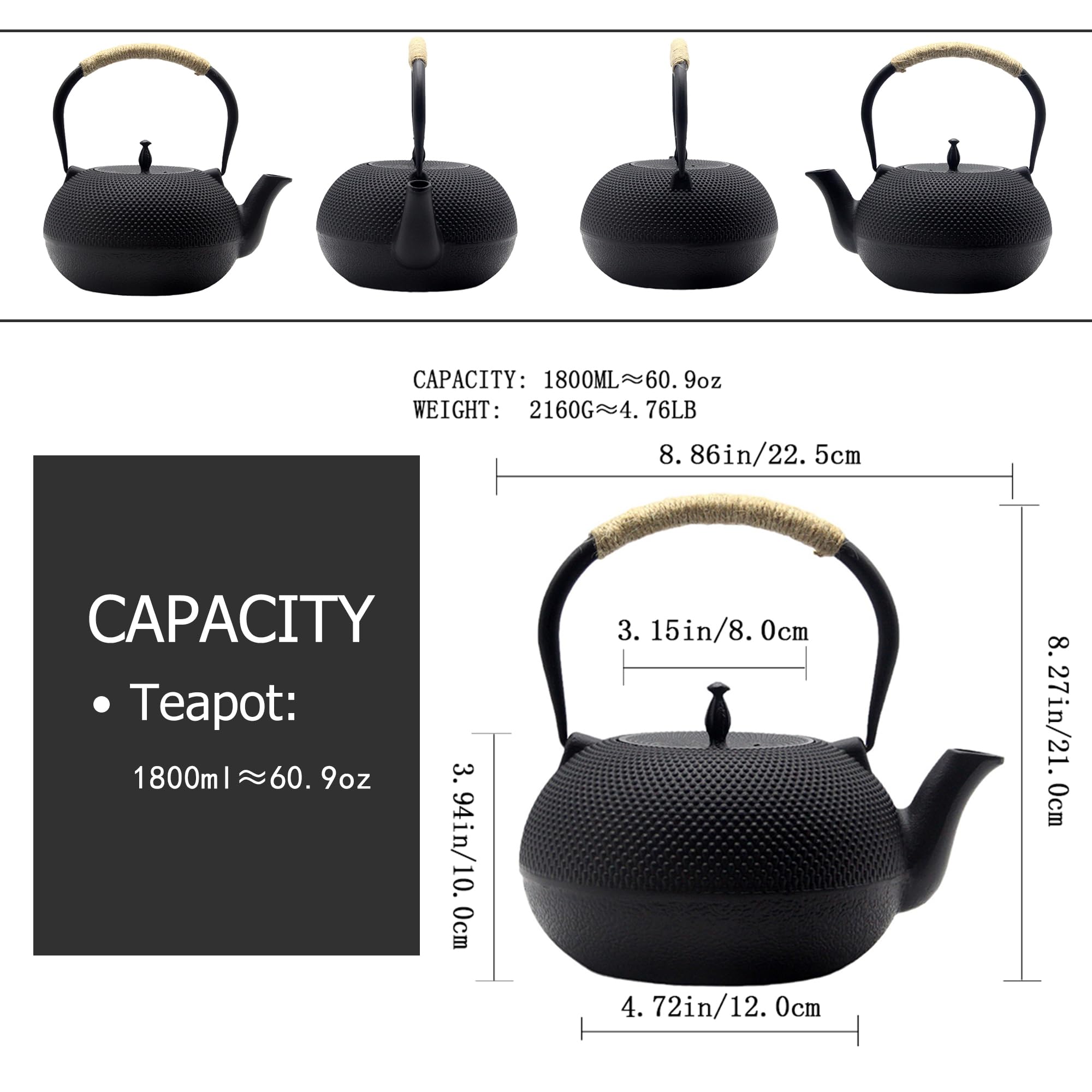 Big Cast Iron Teapot, Japanese Tetsubin Tea Kettle for Stovetop Safe, Cast Iron Tea Pot with Stainless Steel Infuser for Loose Tea and Enameled Interior(1800ml/60.9oz)