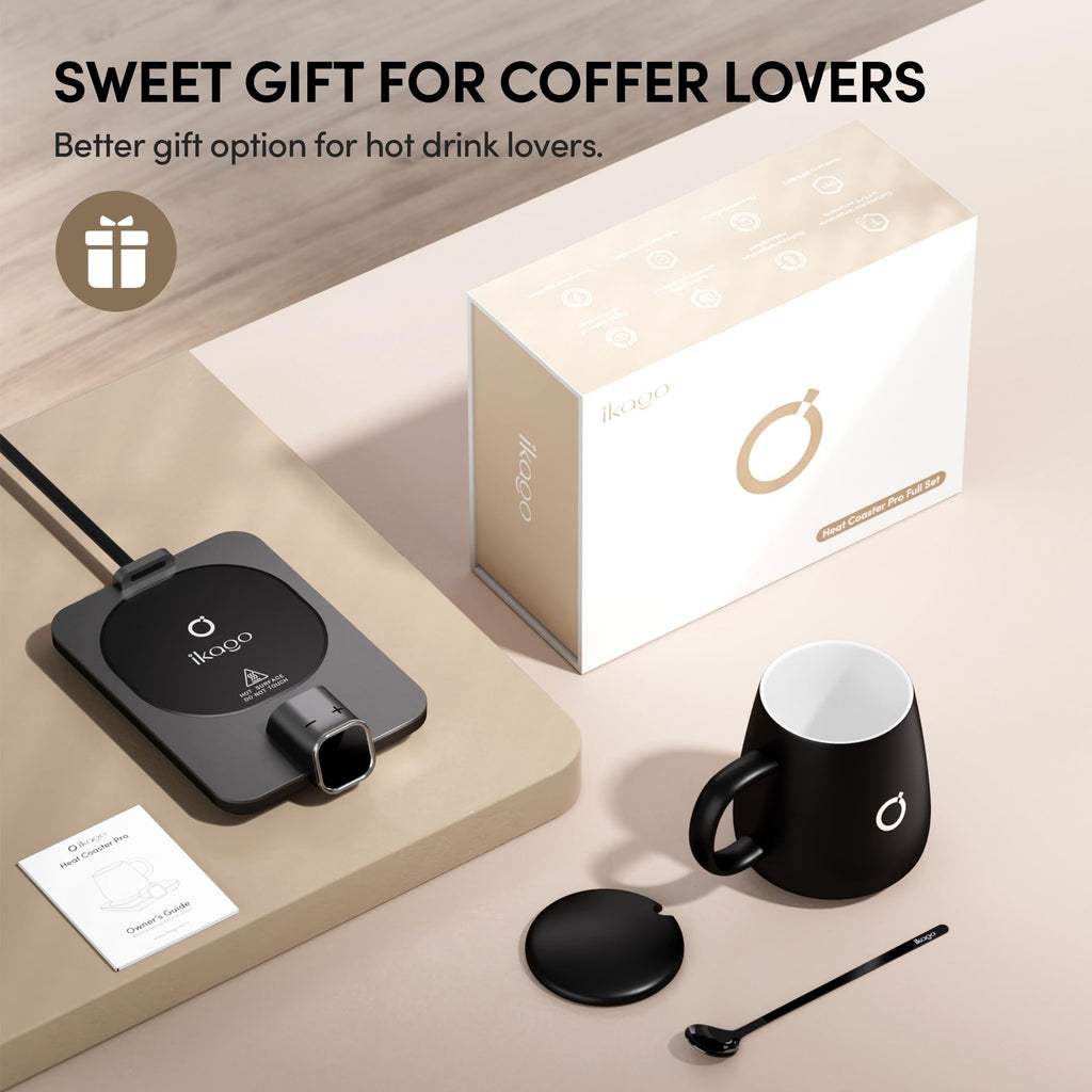 iKago Coffee Mug Warmer Set, Temperature Control Smart Heated Mug for Desk, Electric Coffee Warmer with Auto Shut Off & Real-Time Temp Display, Gifts for Men Women, 15oz, Black