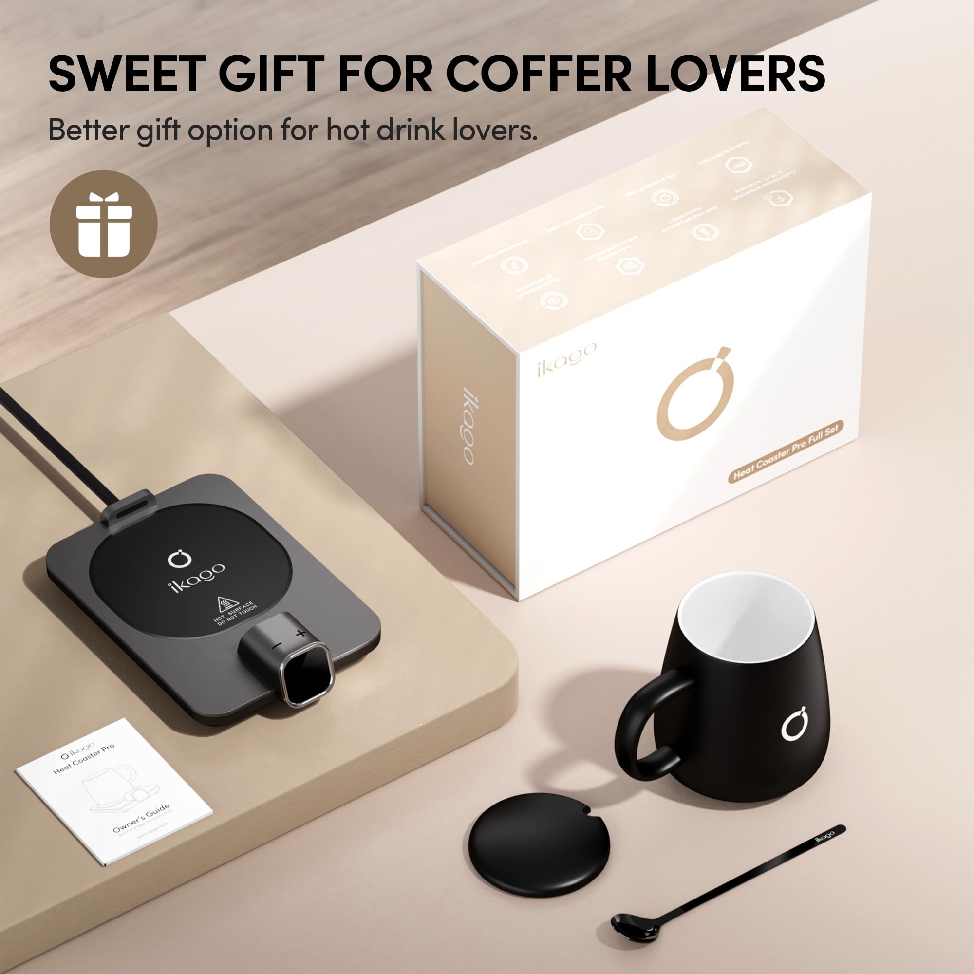 iKago Coffee Mug Warmer Set, Temperature Control Smart Heated Mug for Desk, Electric Coffee Warmer with Auto Shut Off & Real-Time Temp Display, Gifts for Men Women, 15oz, Black