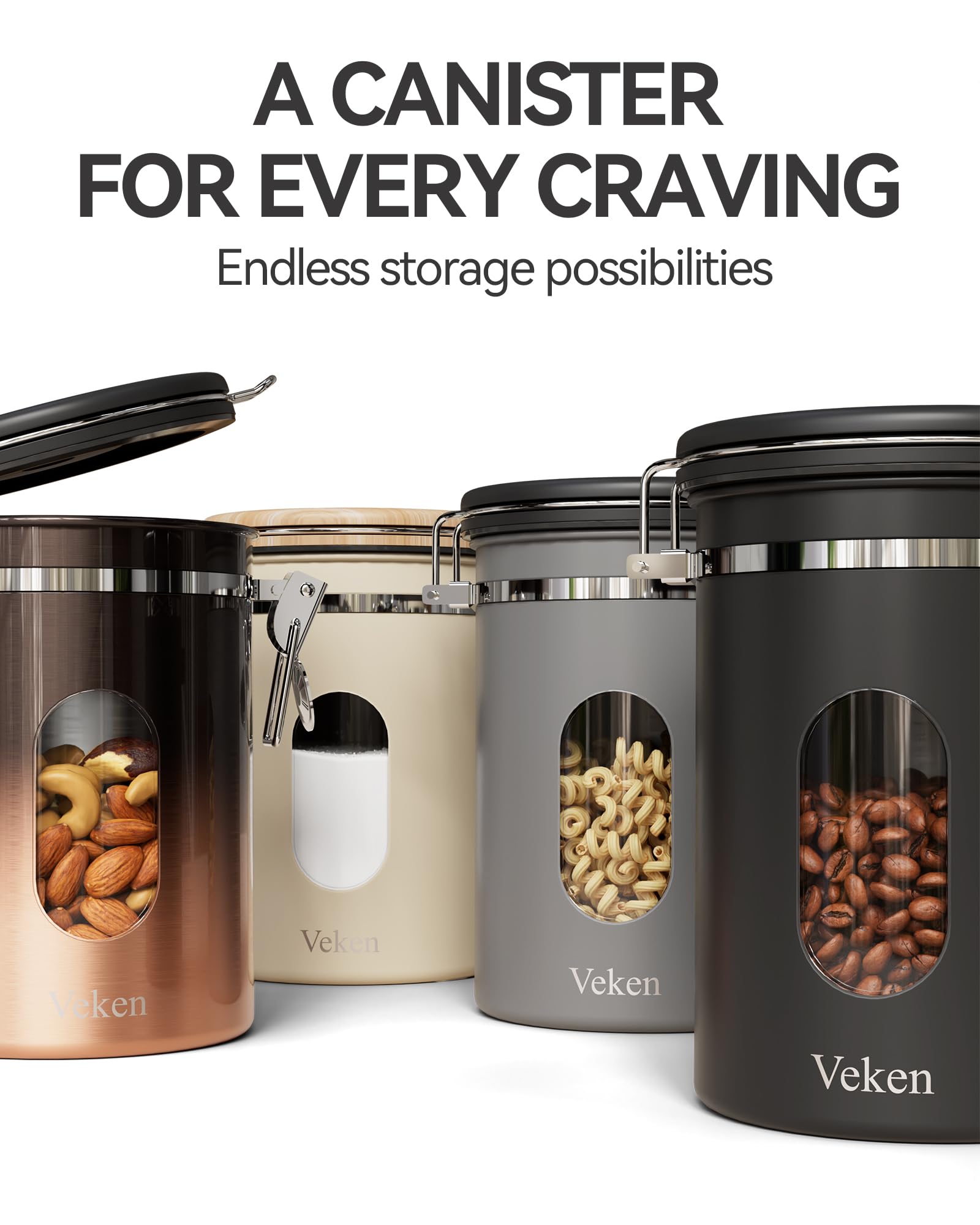 Veken Coffee Canister with Window,Airtight Stainless Steel Kitchen Food Storage Container, Date Tracker & Scoop for Grounds Coffee, Beans, Tea,Flour,Cereal,Sugar,22OZ,Copper