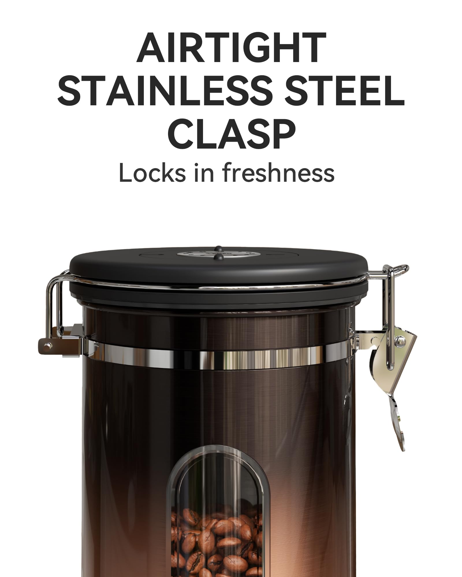 Veken Coffee Canister with Window,Airtight Stainless Steel Kitchen Food Storage Container, Date Tracker & Scoop for Grounds Coffee, Beans, Tea,Flour,Cereal,Sugar,22OZ,Copper