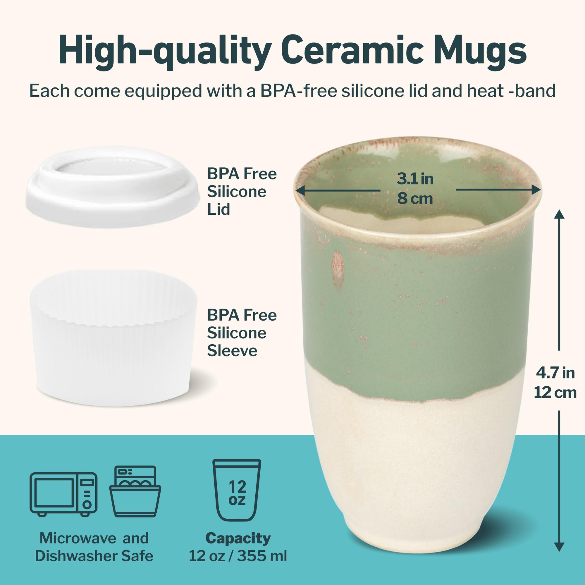 NOVA CERAMICS Travel Mug - Ceramic To Go Coffee Mug With Lid – Travel Mug Ceramic To Go Cup – Microwave & Dishwasher Safe Ceramic Coffee Mug With Lid - Gifts For Women Men Him Her – 12oz – Sage Green