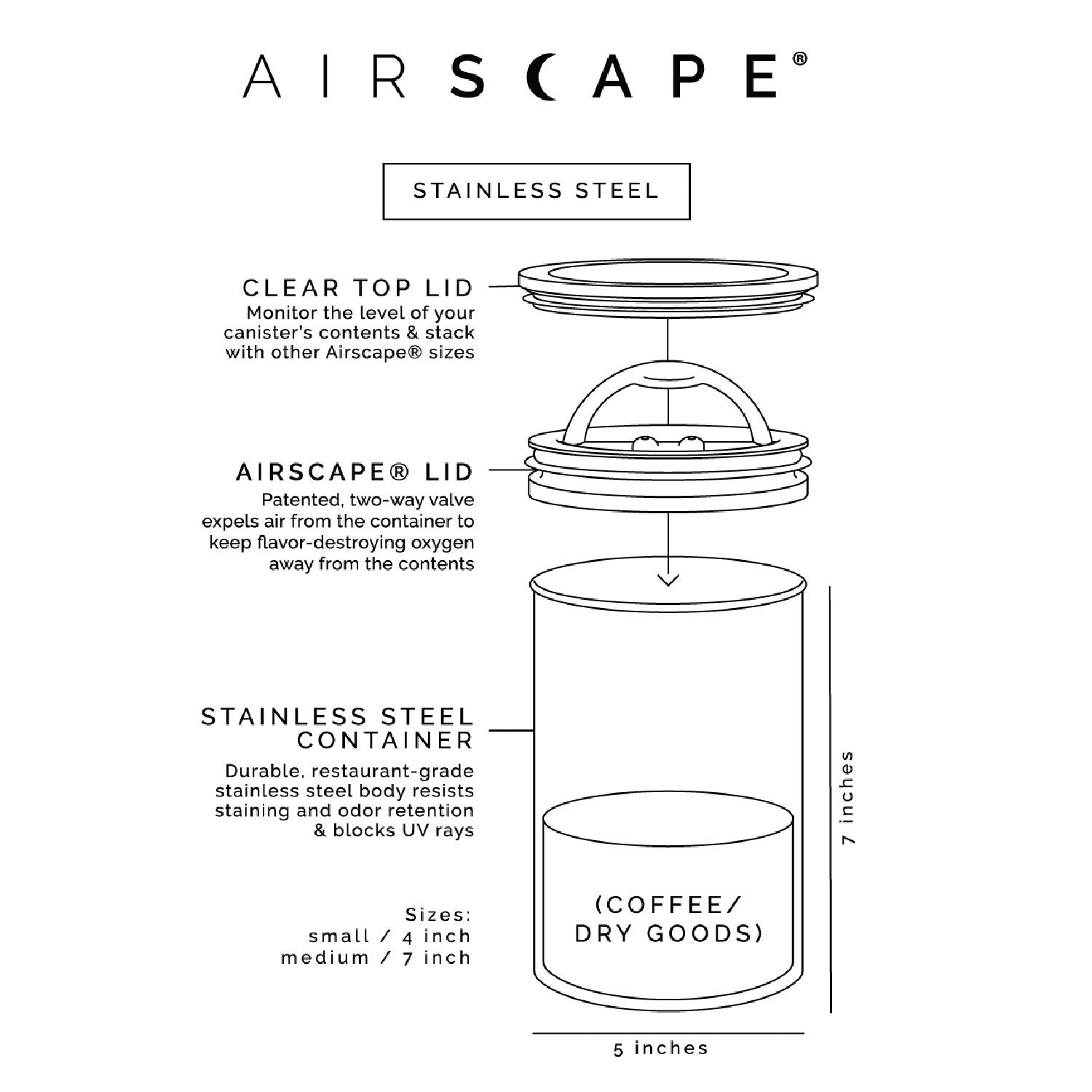 Planetary Design Airscape Stainless Steel Coffee Canister | Food Storage Container | US Patented Airtight Lid | Push Out Excess Air Preserve Food Freshness (Small, Matte White)
