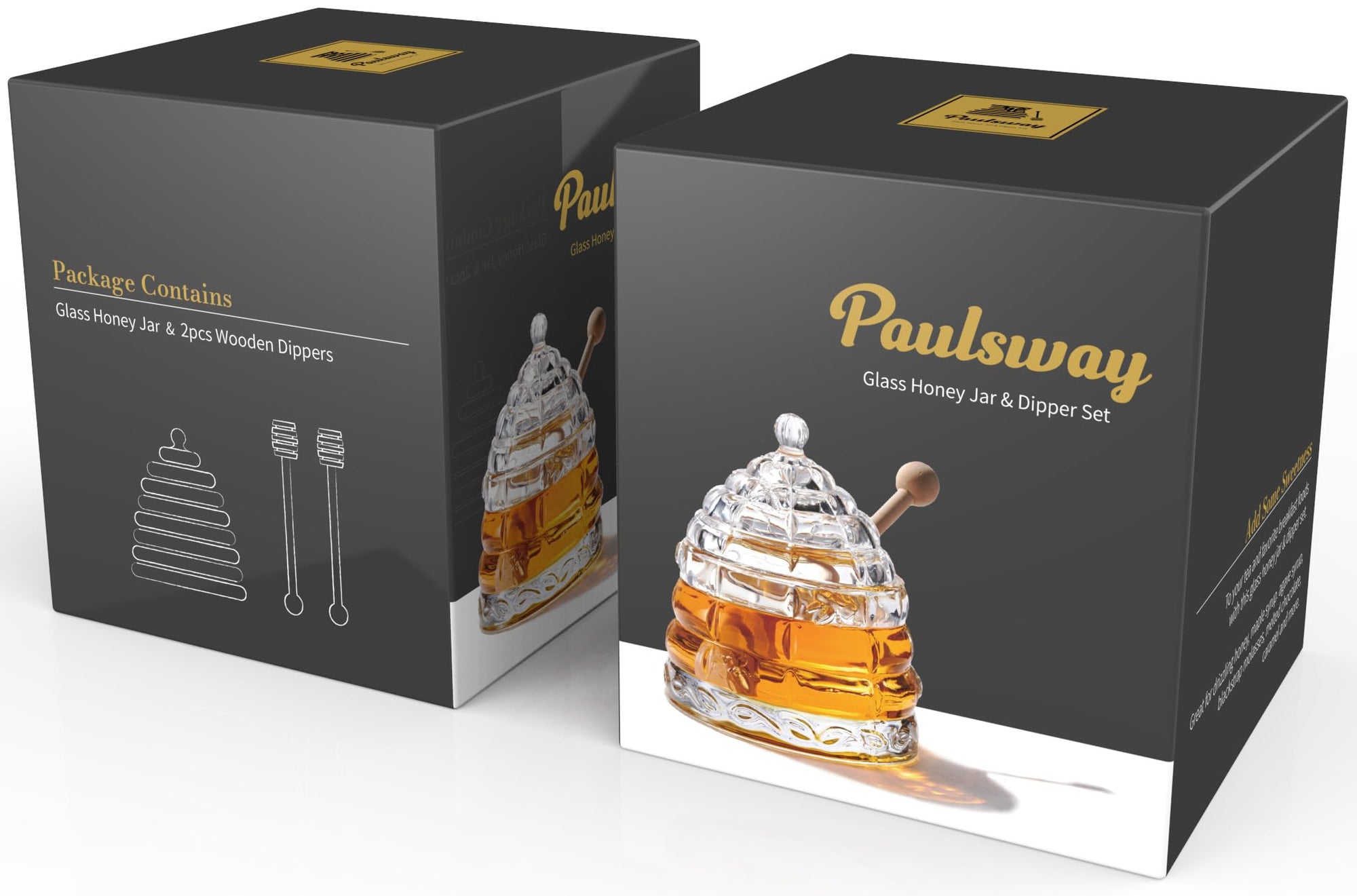 PAULSWAY Honey Dispenser Jar with 2 Dippers – 9 OZ Elegant Glass Storage with Superior Drizzle Control & Durable Lid