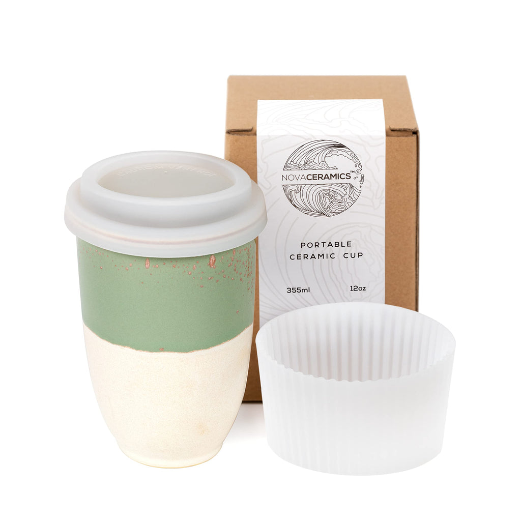 NOVA CERAMICS Travel Mug - Ceramic To Go Coffee Mug With Lid – Travel Mug Ceramic To Go Cup – Microwave & Dishwasher Safe Ceramic Coffee Mug With Lid - Gifts For Women Men Him Her – 12oz – Sage Green