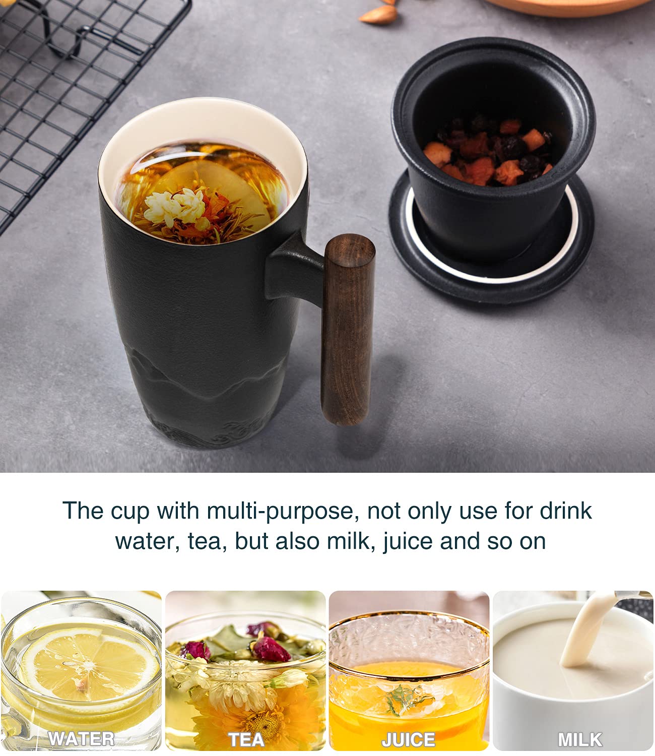 suyika Tomotime Ceramic Tea Cup with Infuser and Lid Tea Mugs Wooden Handle 400ml/13.5oz Black