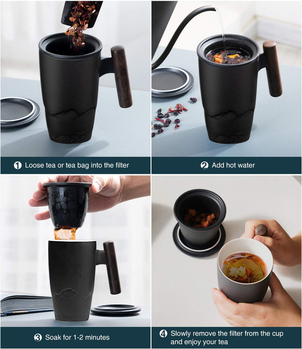 suyika Tomotime Ceramic Tea Cup with Infuser and Lid Tea Mugs Wooden Handle 400ml/13.5oz Black