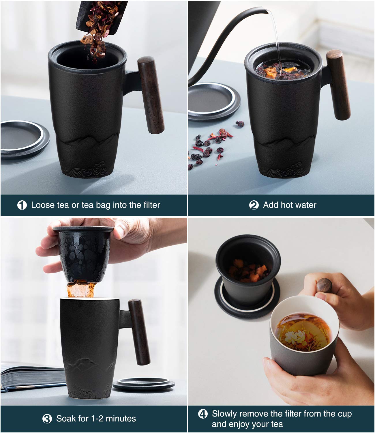 suyika Tomotime Ceramic Tea Cup with Infuser and Lid Tea Mugs Wooden Handle 400ml/13.5oz Black