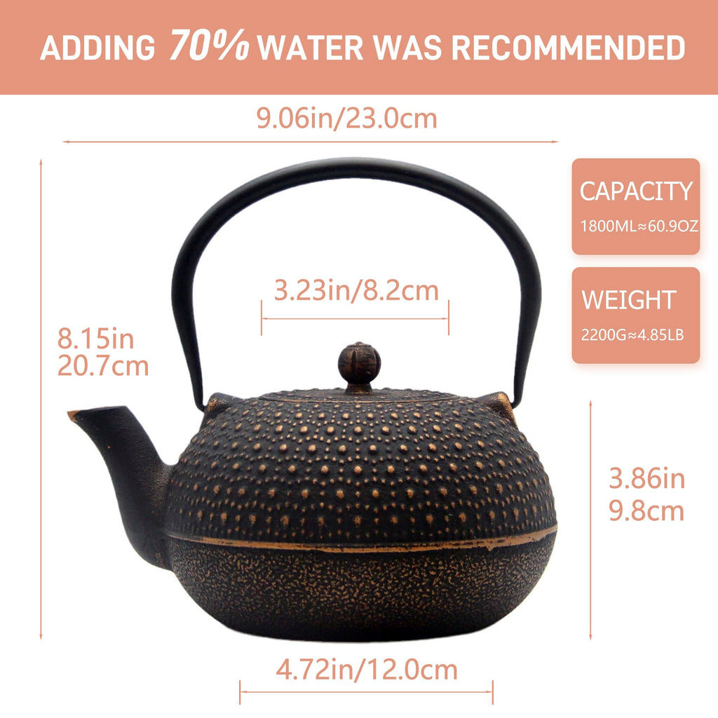 60.9oz Large Cast Iron Teapot for Stovetop Safe, 6 Cup Tea Kettle, Japanese Style Cast Iron Teapot with Stainless Steel Infuser for Loose Tea, Suitable for All Heat Sources(1.7QT/1.8L)