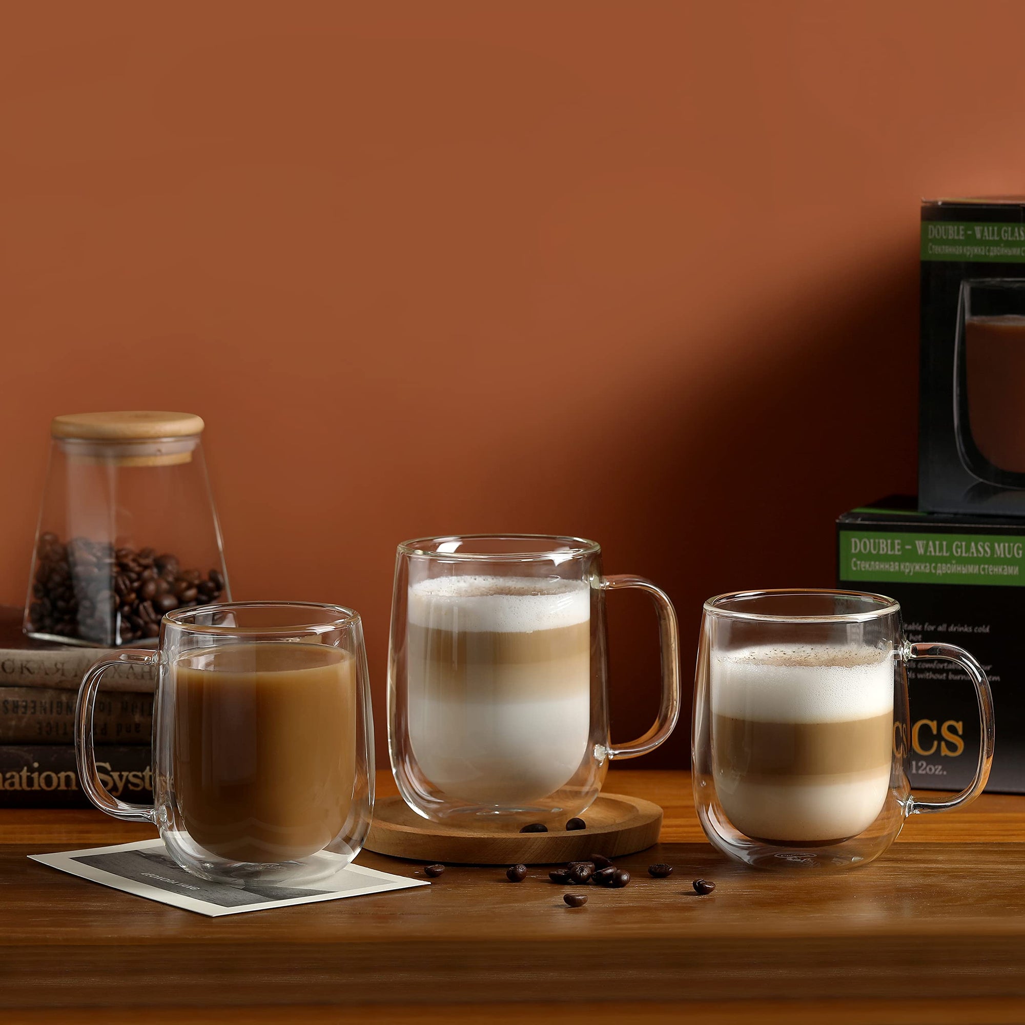 CNGLASS Glass Coffee Mugs 12oz,Double Wall Insulated Mug Set with Handle,Clear Glass Espresso Mugs for Latte,Cappuccino,Tea Bag,Hot and Cold Beverages,Set of 4