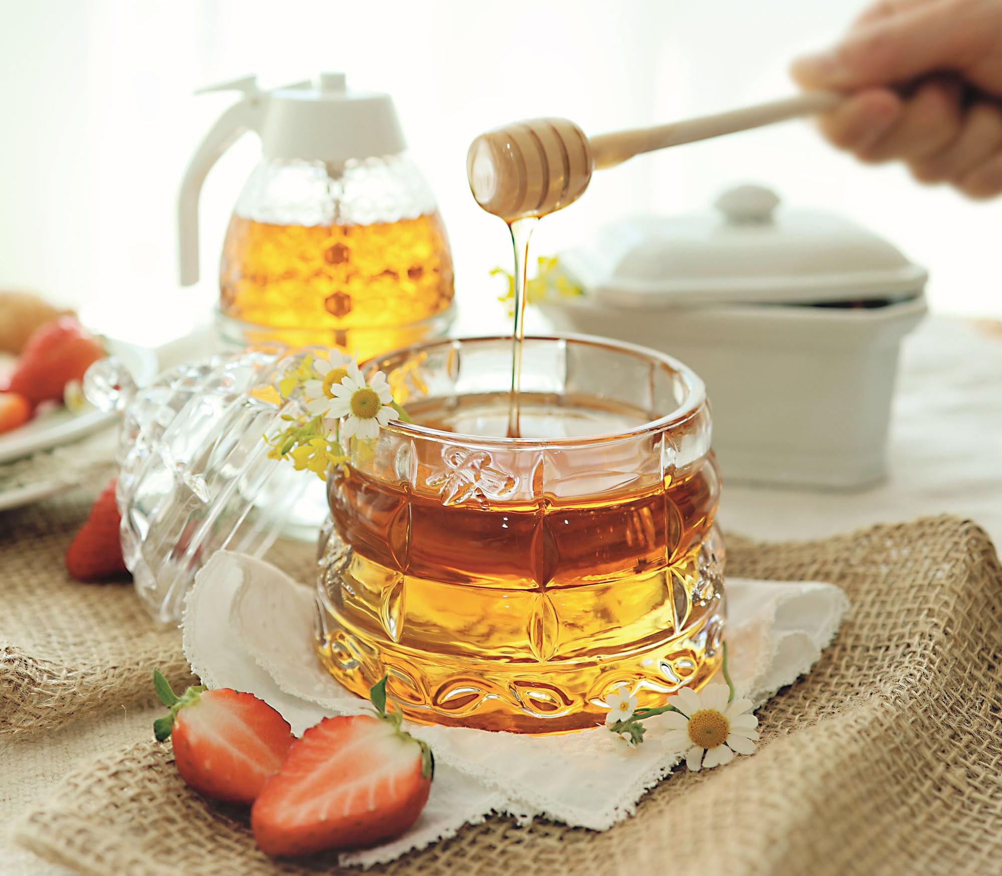 PAULSWAY Honey Dispenser Jar with 2 Dippers – 9 OZ Elegant Glass Storage with Superior Drizzle Control & Durable Lid