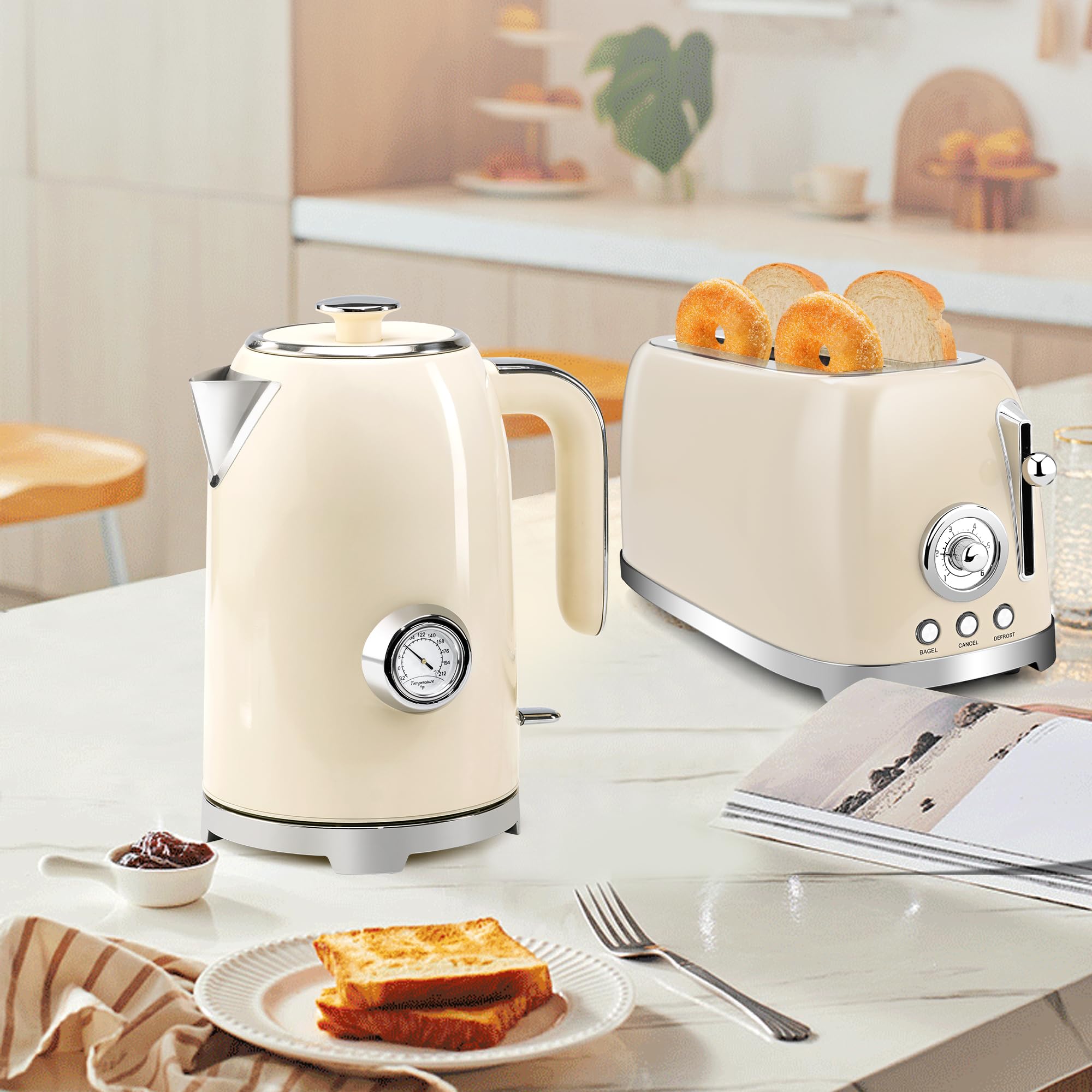 SUSTEAS Electric Kettle - 57oz Hot Tea Kettle Water Boiler with Thermometer, 1500W Fast Heating Stainless Steel Tea Pot, Cordless with LED Indicator, Auto Shut-Off & Boil Dry Protection, Beige