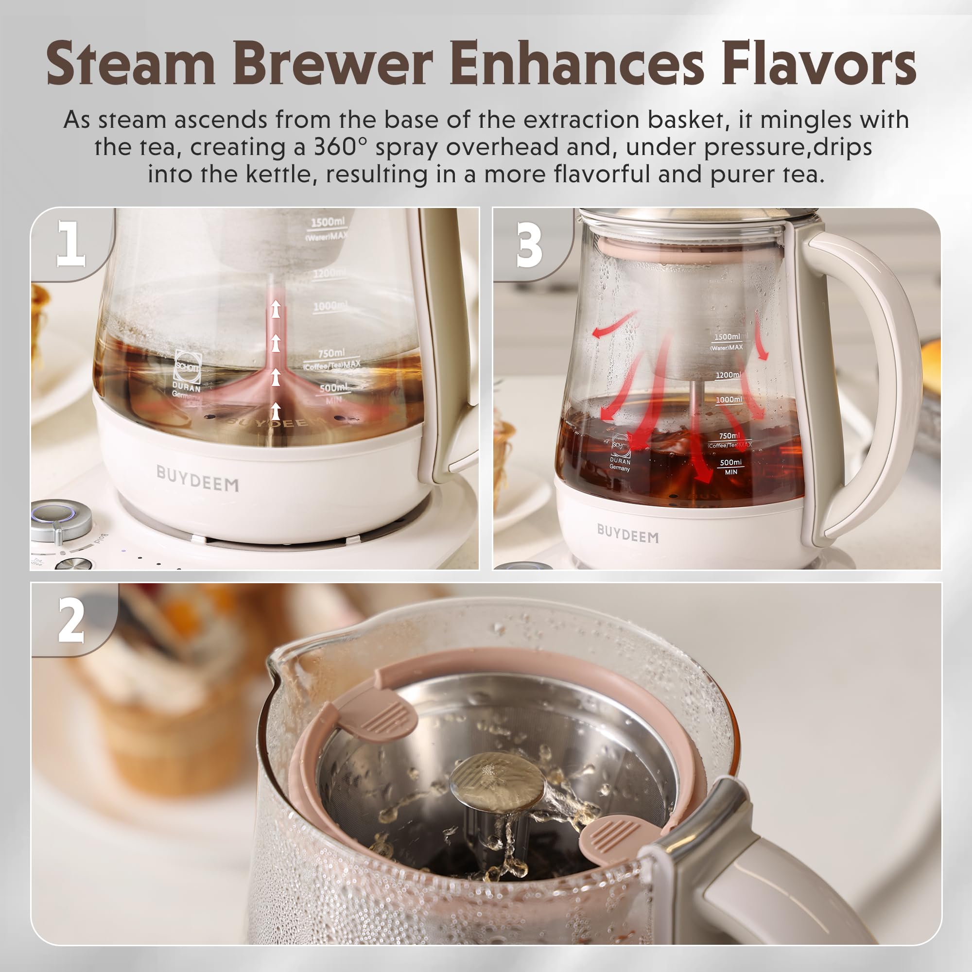 BUYDEEM K1563 Tea Maker, Electric Kettle for Coffee and Tea Brewer with 6 Flavor Controls, 4 Temperature Settings, 8 Hours Keep Warm, 1.5L