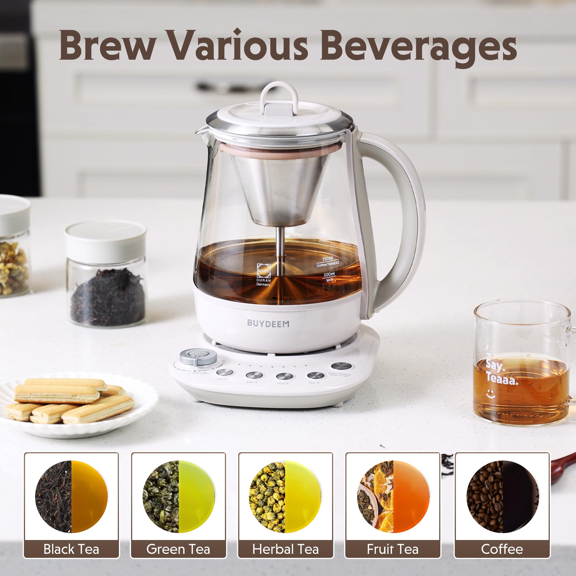 BUYDEEM K1563 Tea Maker, Electric Kettle for Coffee and Tea Brewer with 6 Flavor Controls, 4 Temperature Settings, 8 Hours Keep Warm, 1.5L
