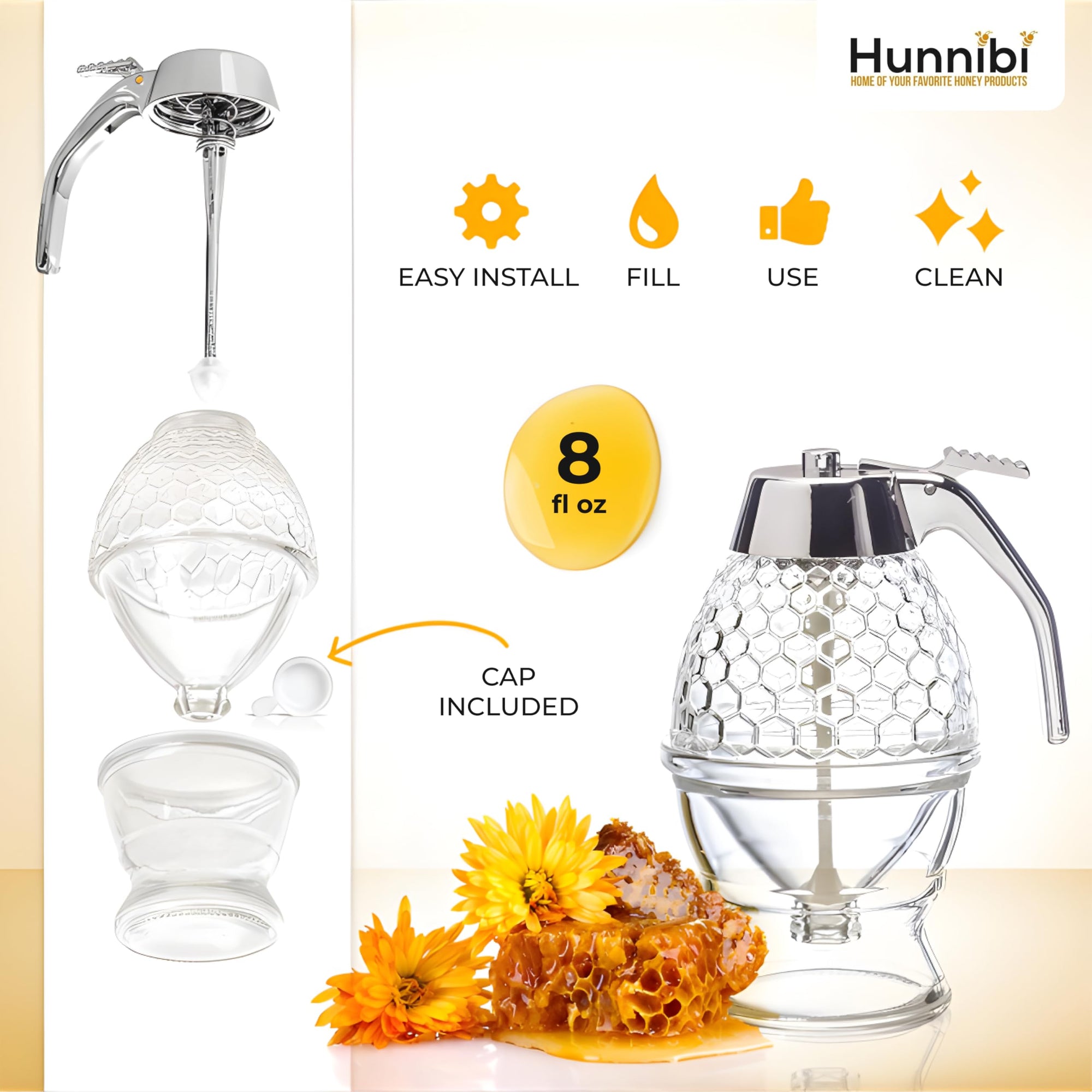 Hunnibi 8oz No Drip Glass Honey Dispenser with Stand - Honeycomb-Style Syrup Server and Bee-Themed Storage Jar - 6" Clear Container for Honey, Maple Syrup