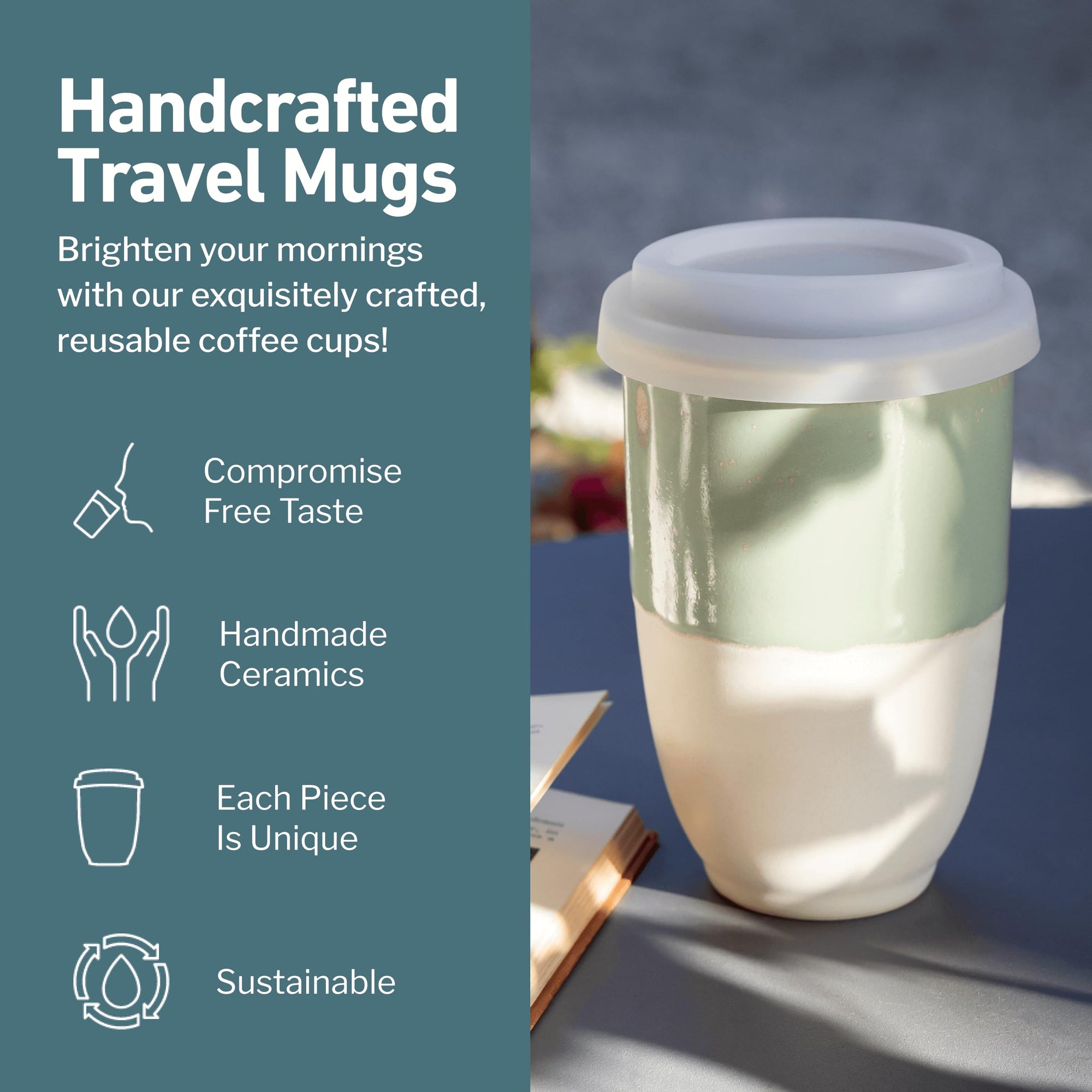 NOVA CERAMICS Travel Mug - Ceramic To Go Coffee Mug With Lid – Travel Mug Ceramic To Go Cup – Microwave & Dishwasher Safe Ceramic Coffee Mug With Lid - Gifts For Women Men Him Her – 12oz – Sage Green