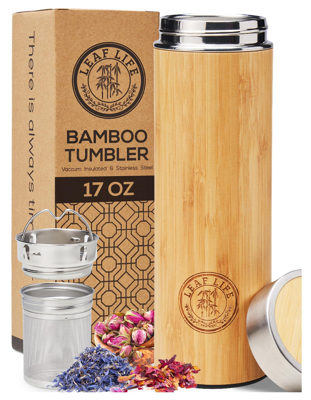 LeafLife Premium Bamboo Tea Bottle for Loose Tea - Tea Infuser Bottle - Tea Gifts - Insulated Water Bottle/Coffee Tumbler/Tea - Tea Gift Set, Tea Accessories - Tea Tumbler 17oz