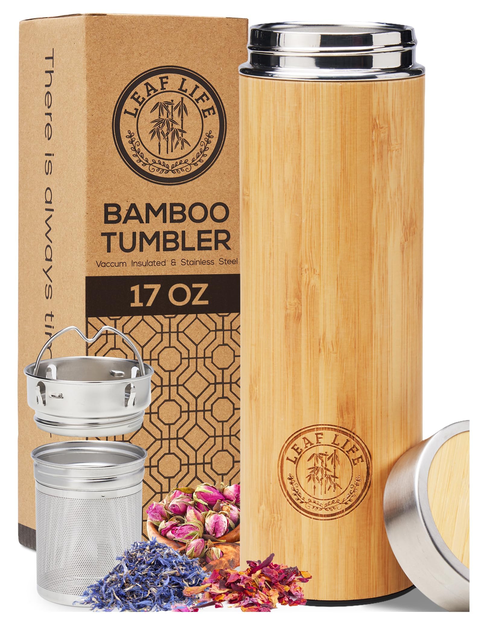 LeafLife Premium Bamboo Tea Bottle for Loose Tea - Tea Infuser Bottle - Tea Gifts - Insulated Water Bottle/Coffee Tumbler/Tea - Tea Gift Set, Tea Accessories - Tea Tumbler 17oz