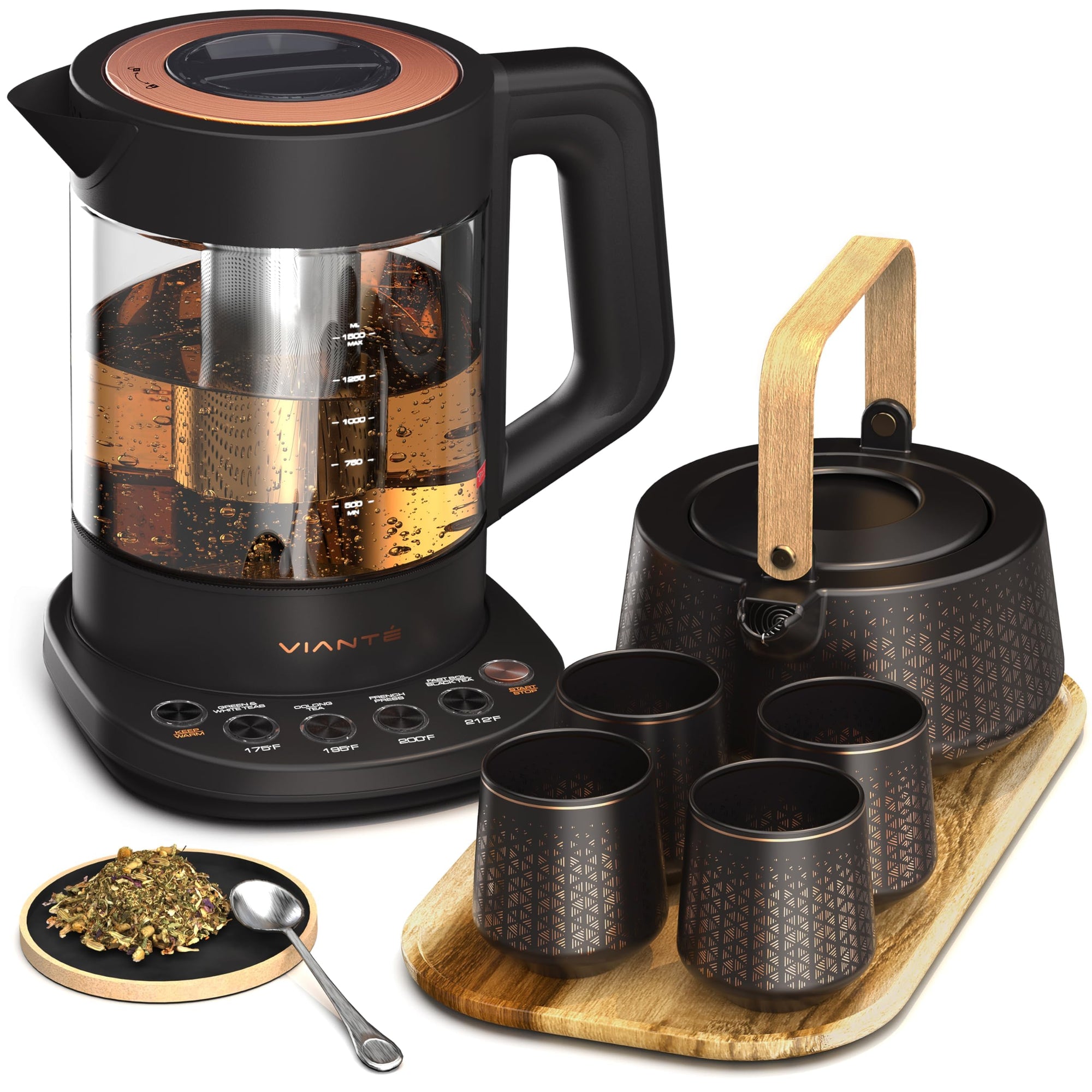 Vianté Luxury Tea Set. Electric Kettle with Infuser for Loose Leaf And Ceramic Serving Set. Teapot and Cup Set with Wooden Tray. Excellent Gift Idea For Tea Lovers.