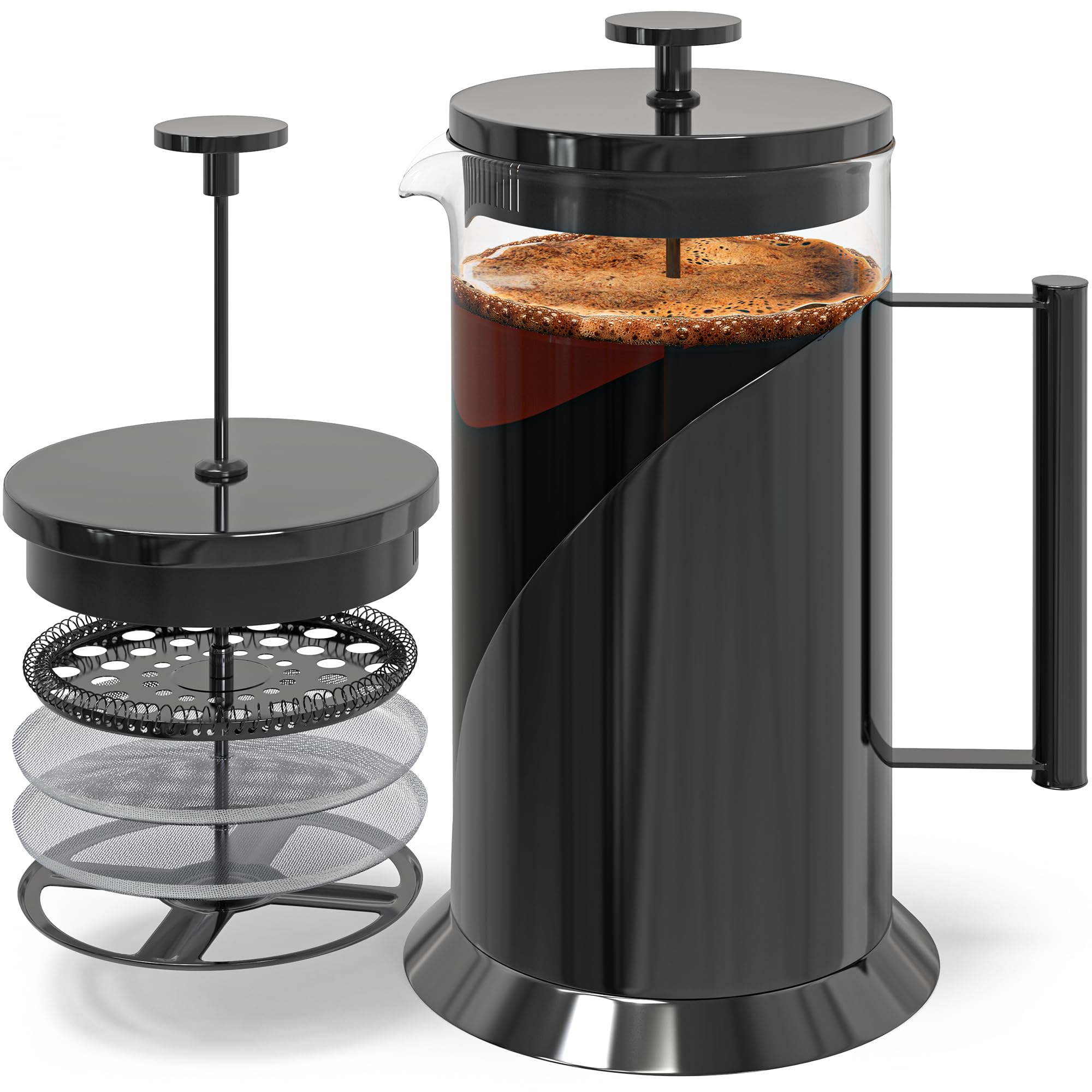 Cafe Du Chateau Stainless Steel French Press Coffee Maker - 34oz Insulated Coffee Press with 4-Level Filtration, BPA Free, Durable Glass, Great for Tea