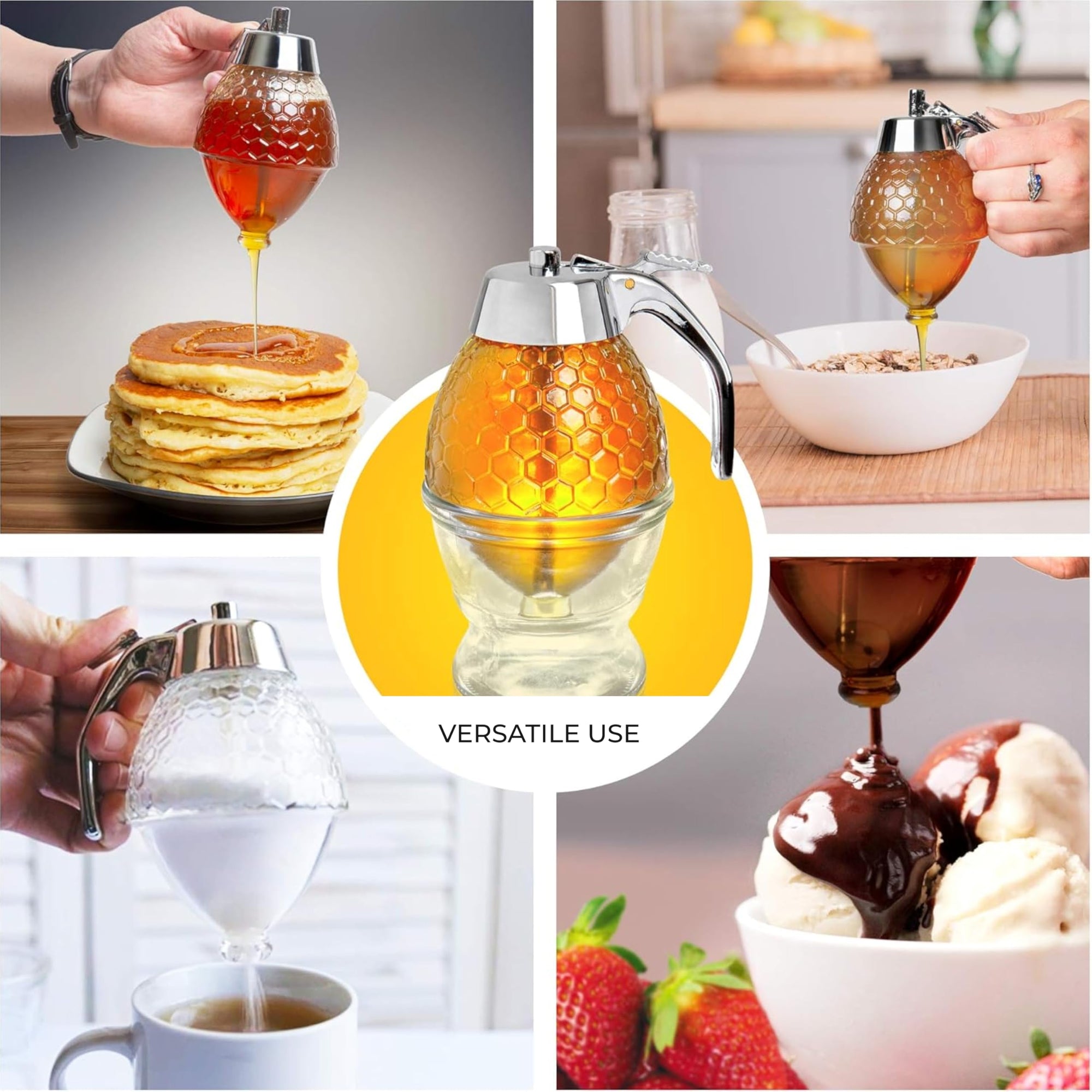 Hunnibi 8oz No Drip Glass Honey Dispenser with Stand - Honeycomb-Style Syrup Server and Bee-Themed Storage Jar - 6" Clear Container for Honey, Maple Syrup