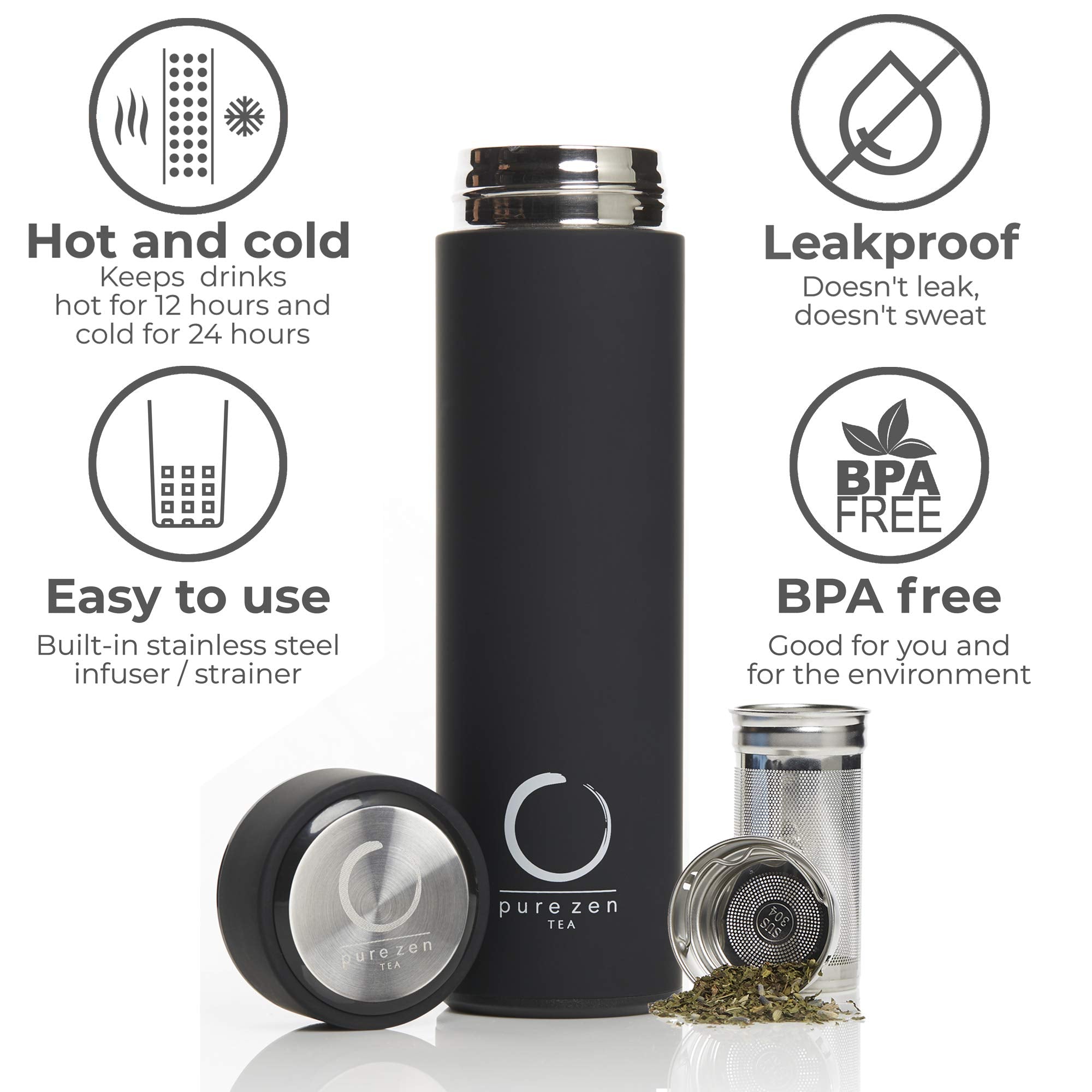 Pure Zen Tea Thermos with Infuser for Hot and Cold Infusions, Coffee and Fruit-Infused Water - Stainless Steel - Tea Infuser Bottle - Leakproof Travel Mug with Filter - 15oz - Black