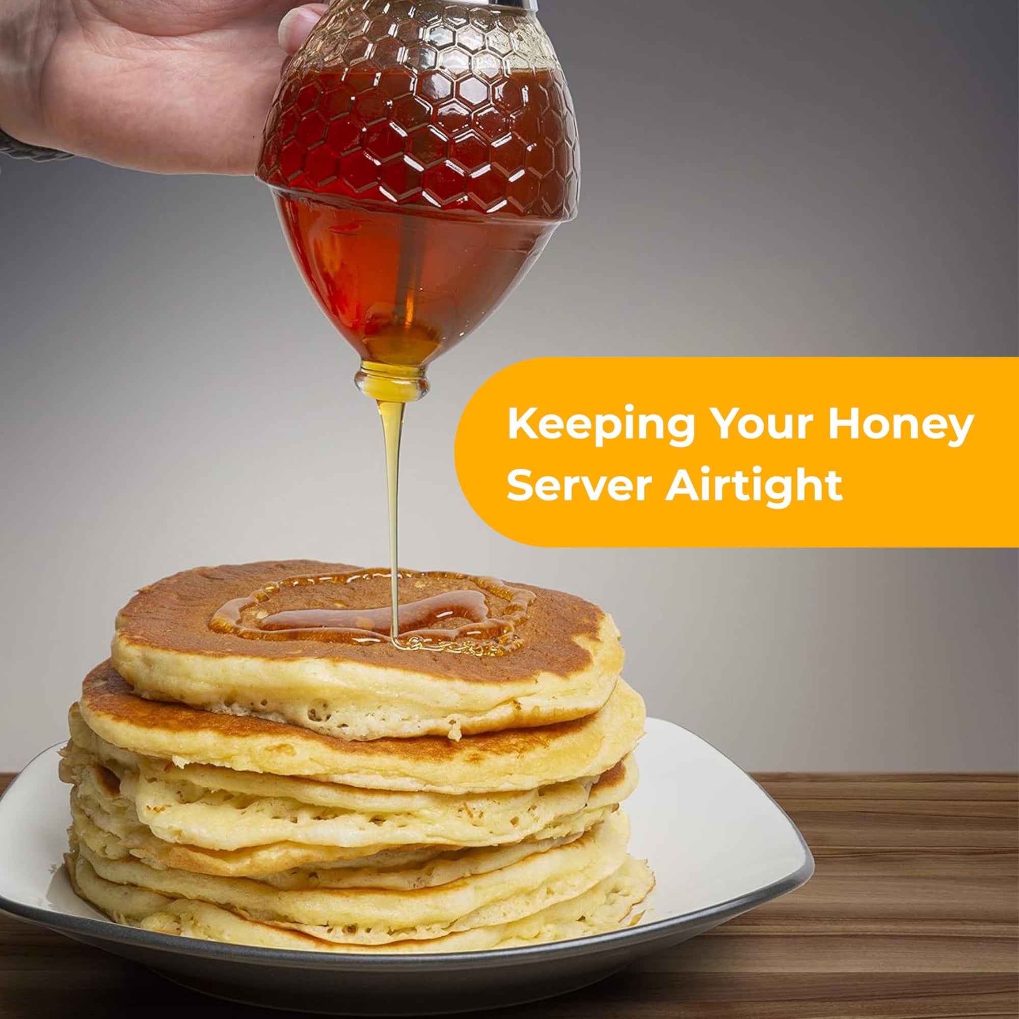 Hunnibi 8oz No Drip Glass Honey Dispenser with Stand - Honeycomb-Style Syrup Server and Bee-Themed Storage Jar - 6" Clear Container for Honey, Maple Syrup