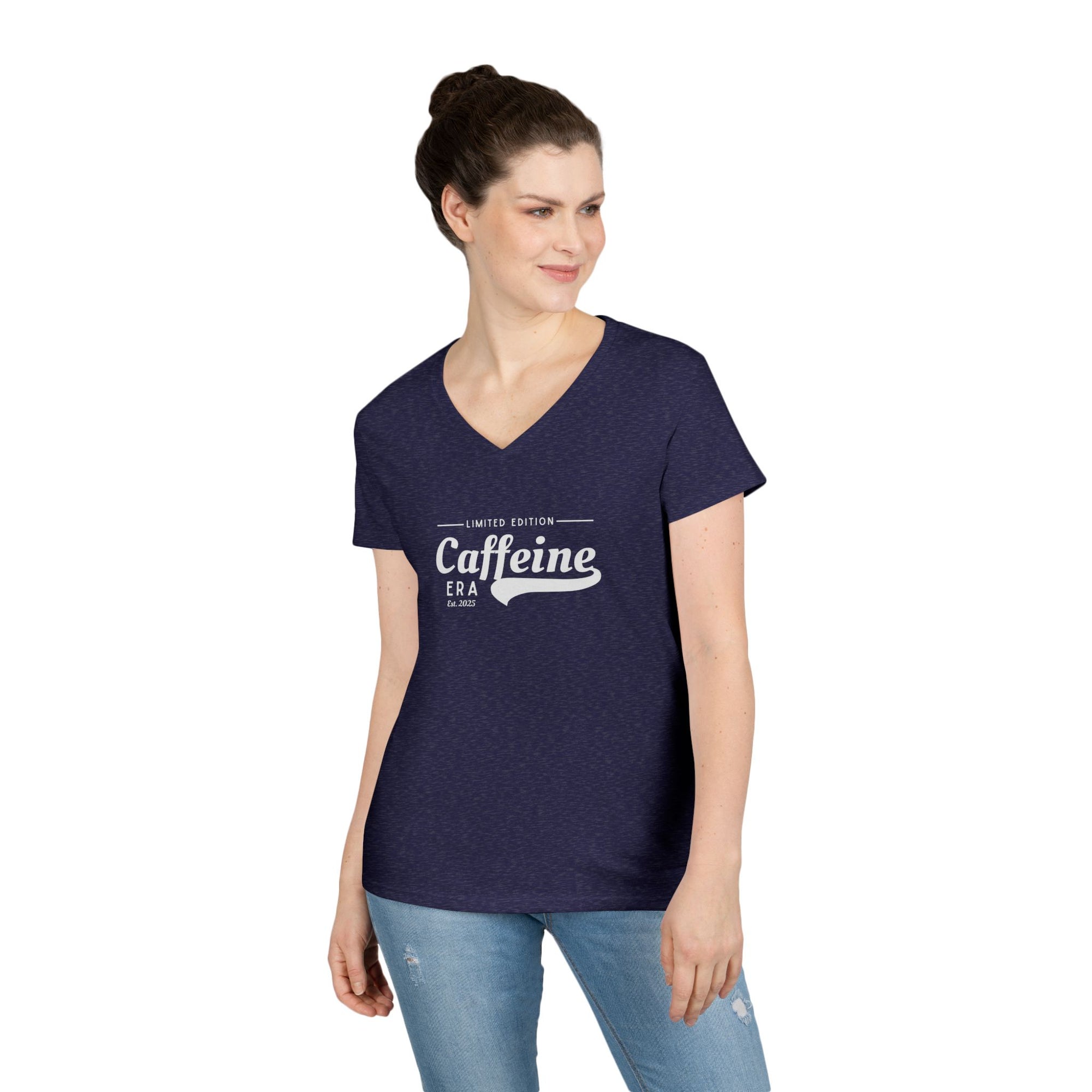 Caffeine Lovers Flattering V-Neck Tee, Casual Women's Top, Trending Gift for Coffee Enthusiasts (Click for more colors.)