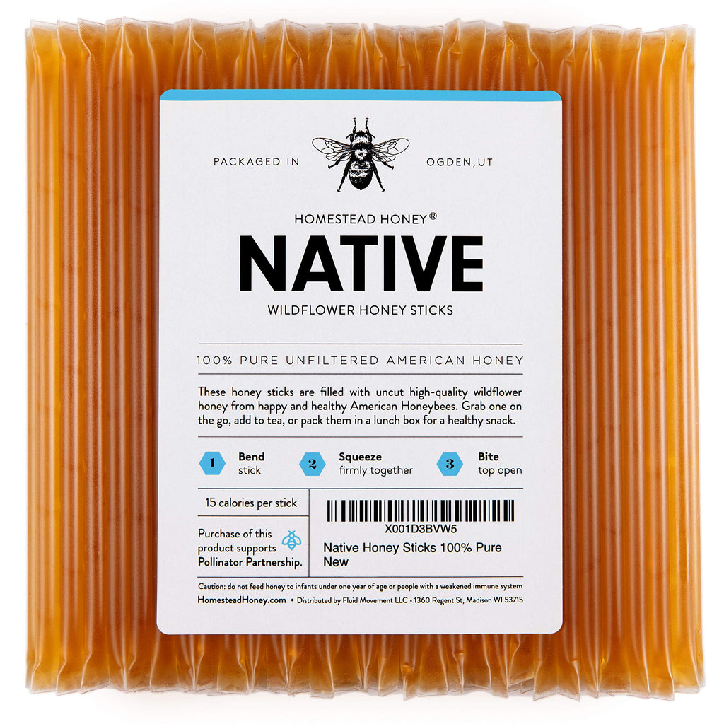 Homestead Honey Native Sticks 100 Count - Pure Wildflower - Individual Packets - Unfiltered Snack for Kids, Hiking, and Tea - Natural, No Additives - 8.25x6x1.25 inches