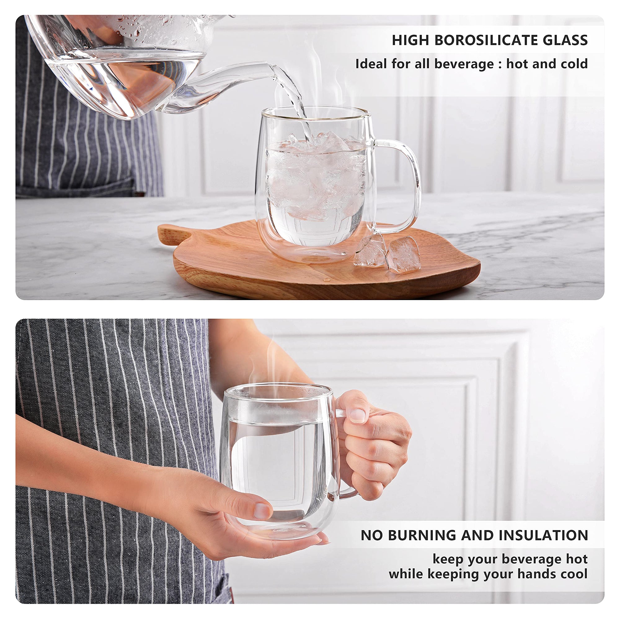 CNGLASS Glass Coffee Mugs 12oz,Double Wall Insulated Mug Set with Handle,Clear Glass Espresso Mugs for Latte,Cappuccino,Tea Bag,Hot and Cold Beverages,Set of 4